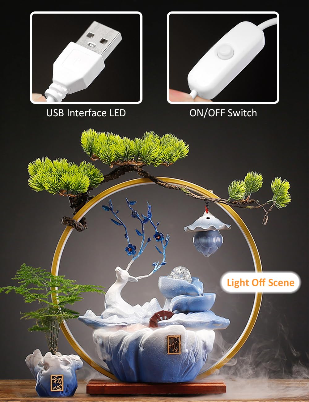 Deer Tabletop Water Fountain with LED Mist Light & Backflow Incense - Japanese Zen Decor for Home, Office, Living Room, Bedroom - Perfect for Meditation, Relaxation & Stress Relief (Blue)