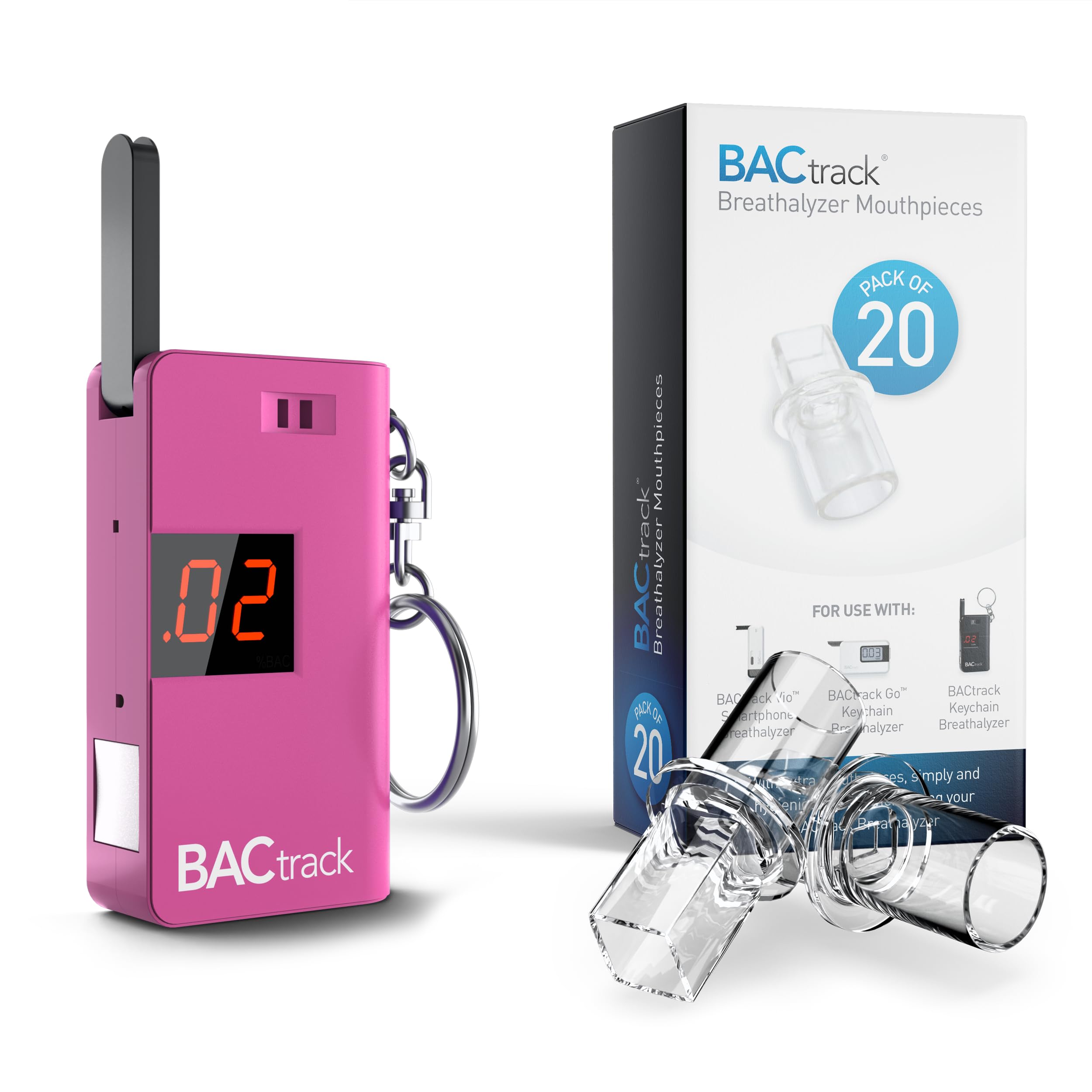 BACtrack Keychain Breathalyzer (Pink) with 20 Disposable Mouthpieces - Portable Alcohol Tester for Personal & Professional Use - Perfect for Parties, Events, and Workplace Safety