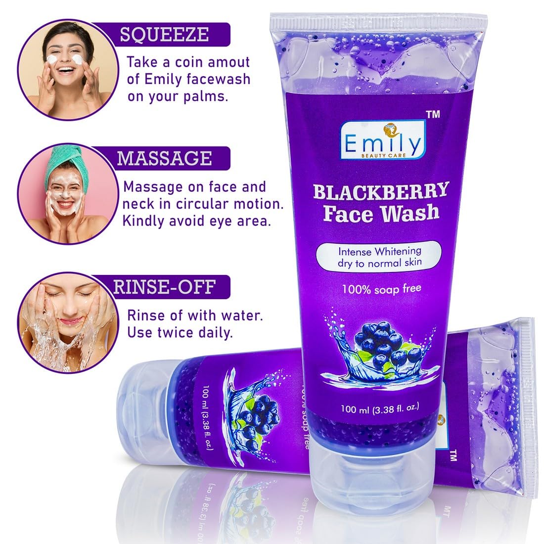 Emily Intense Whitening Blueberry Face Wash with Natural Blueberry Extracts - Brightening & Cleansing Facial Cleanser for Men & Women (100ml) | Perfect for Daily Skincare Routine & Acne-Prone Skin