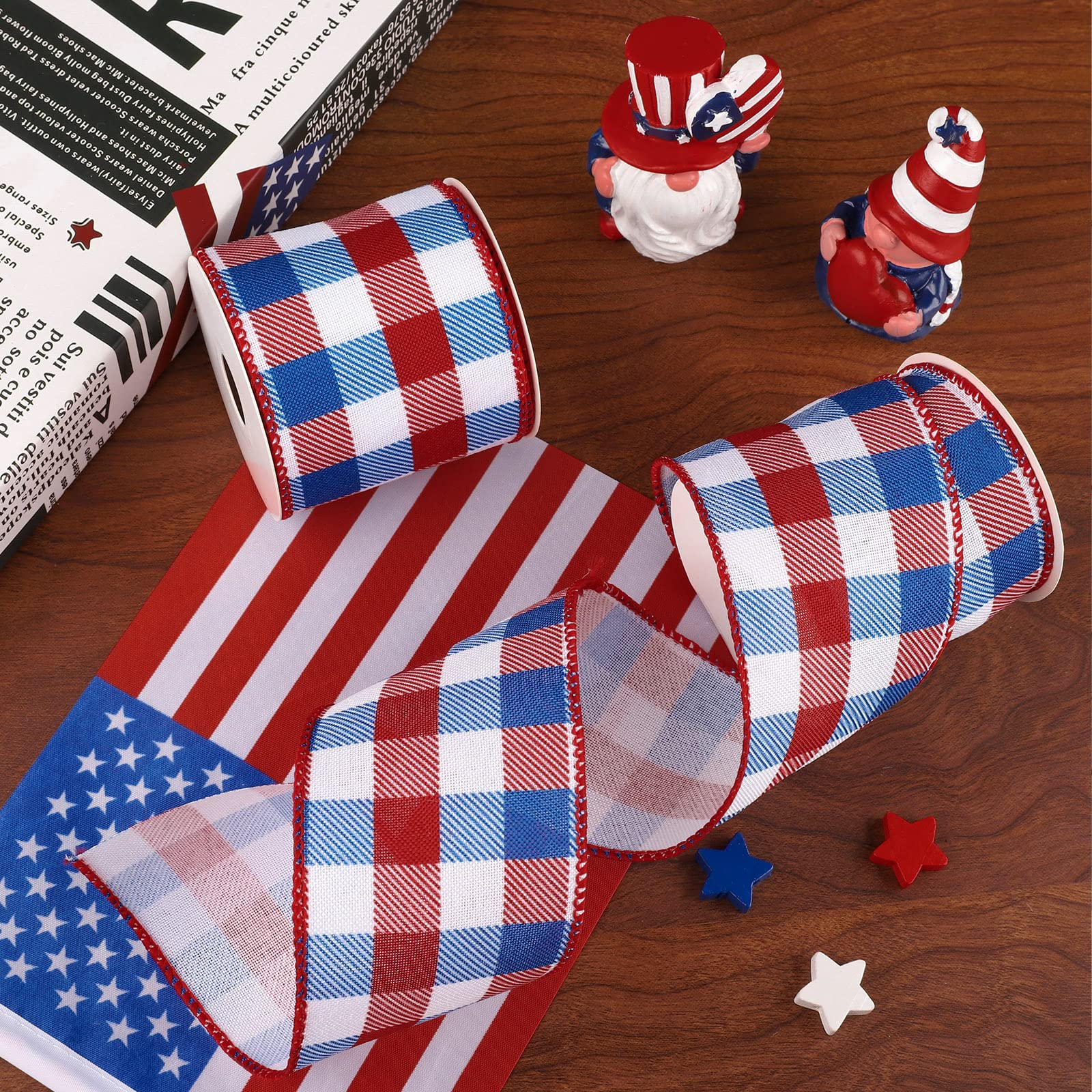 Whaline 2 Rolls Patriotic Buffalo Check Ribbon - Red Blue Plaid Wired Edge Craft Ribbon (2.5 Inch x 10 Yards) for 4th of July Decor, DIY Gift Wrapping, Farmhouse Bow Making & Independence Day Party Supplies