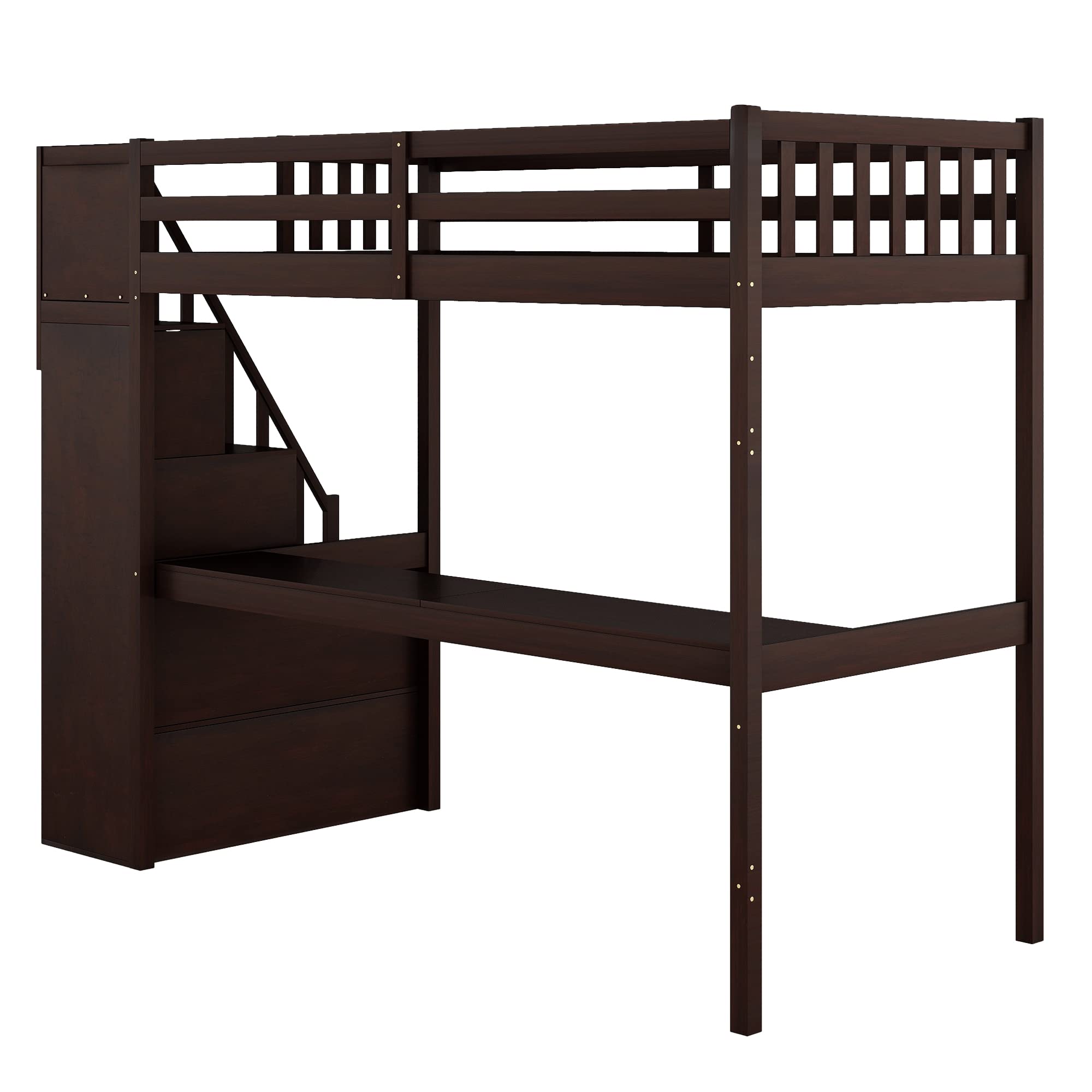 SOFTSEA Twin Size Loft Bed with Storage Steps & Desk - Sturdy Wooden Study Loft Bed Frame with L-Shaped Desk, Built-in Storage Stairs, Safety Guard Rails for Kids & Teens Bedrooms - Espresso Finish - Perfect for Small Spaces, Dorm Rooms & Kids' Bedrooms