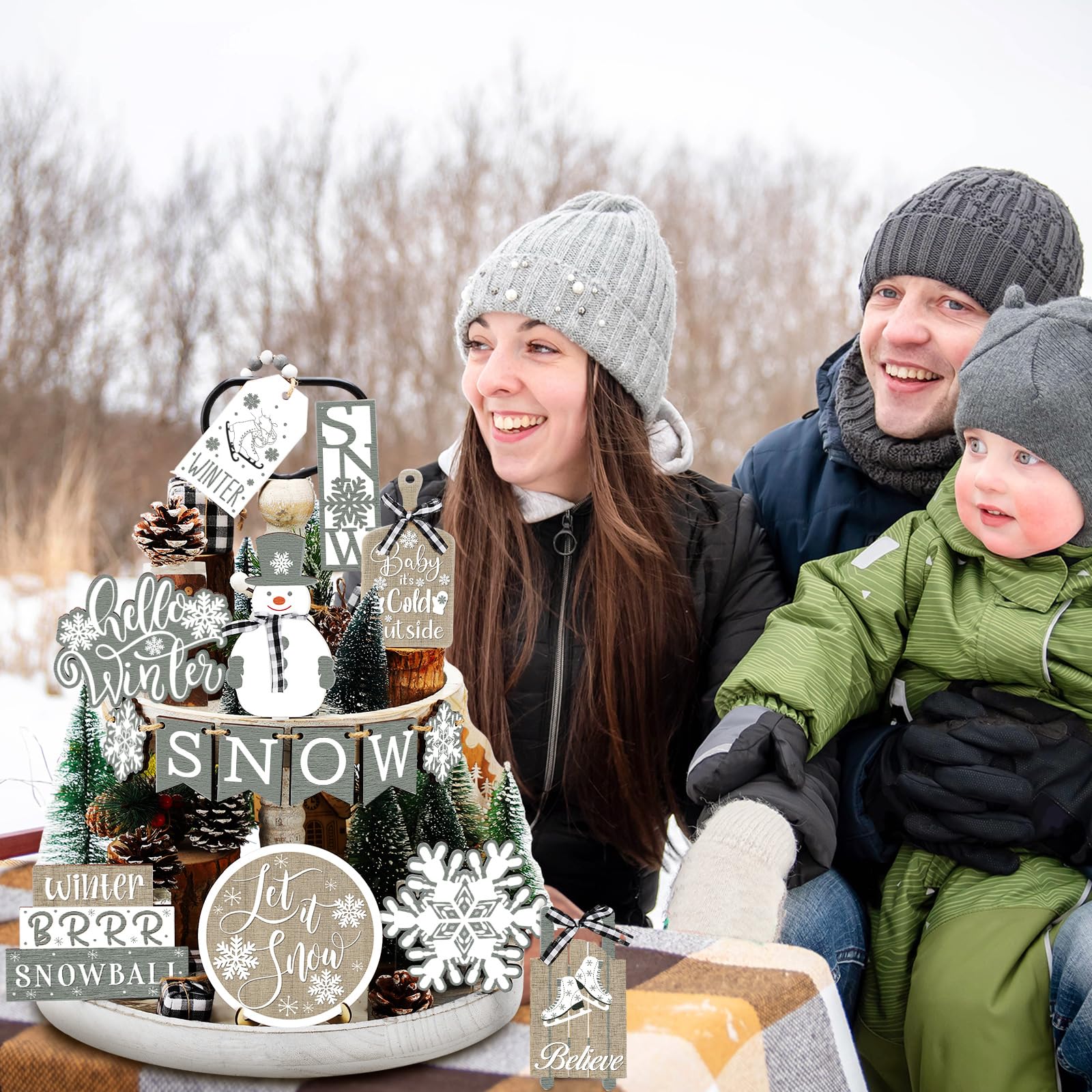 15 Pcs Winter Christmas Tiered Tray Decor Set - Snowman Snowflake Wooden Signs, Farmhouse Holiday Decorations for Table, Shelf, Mantel - Perfect for Home, Office & Seasonal Party Decor