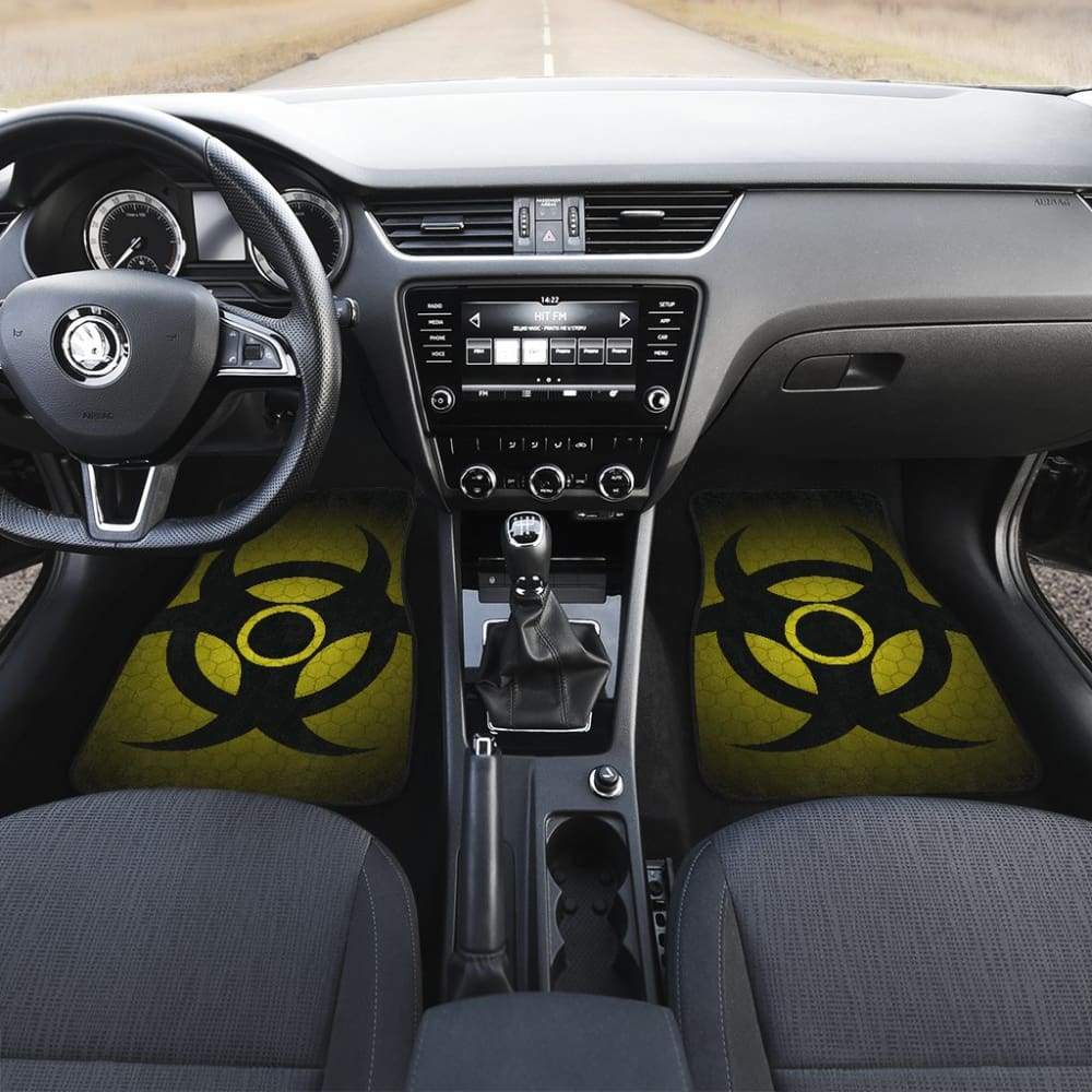 Black Biohazard Warning Car Floor Mats with Yellow Background - Non-Slip Automotive Floor Liners for Trucks, SUVs & Sedans - Perfect for Halloween Decor, Cosplay & Themed Car Accessories