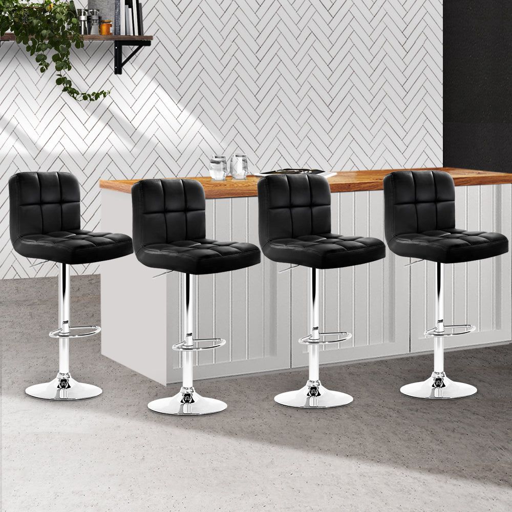 4 Bar Stools with Leather Seat & Gas Lift - Adjustable Height, Black - Perfect for Kitchen Island, Bar Counter & Dining Room