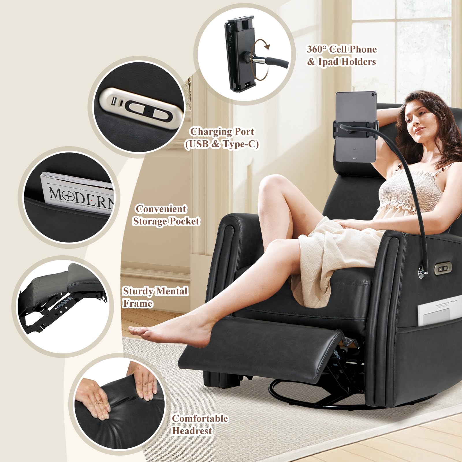 COLAMY Power Swivel Recliner Glider Rocking Chair with USB Charging Ports - Comfortable Nursery Chair for Baby Room, Living Room Accent Armchair & Bedroom Recliner - Charcoal Gray - Perfect for Nursing, Relaxing & Small Space Furniture