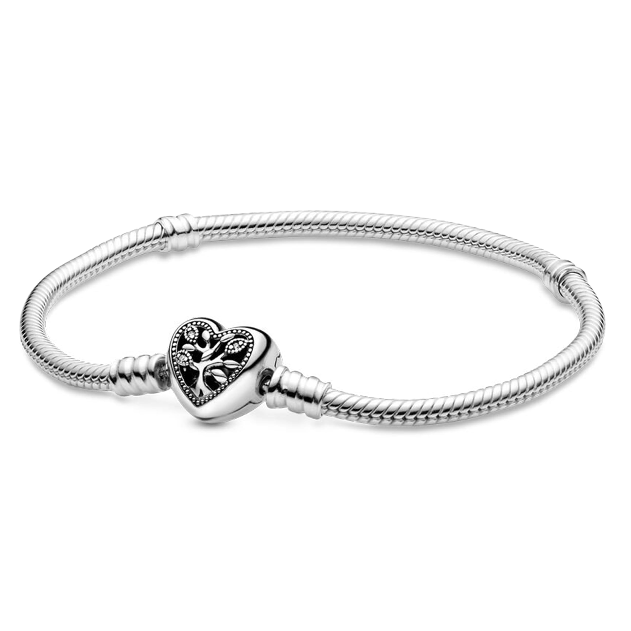 PANDORA Moments Family Tree Heart Clasp Snake Chain Bracelet - Sterling Silver with Cubic Zirconia - Compatible with PANDORA Charms - Elegant Gift for Women - Perfect for Mother's Day, Anniversary & Special Occasions