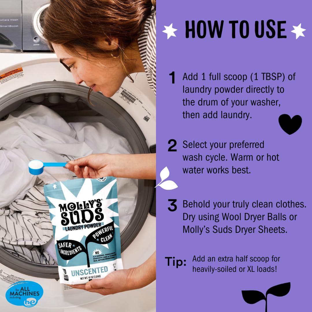 Molly's Suds Original Laundry Detergent Powder for Sensitive Skin - Plant-Based, Eco-Friendly Stain Remover with Lavender Scent (120 Loads) | Gentle on Baby Clothes, Hypoallergenic for Eczema & Allergies | Perfect for HE Washers, Cloth Diapers & Organic Fabrics
