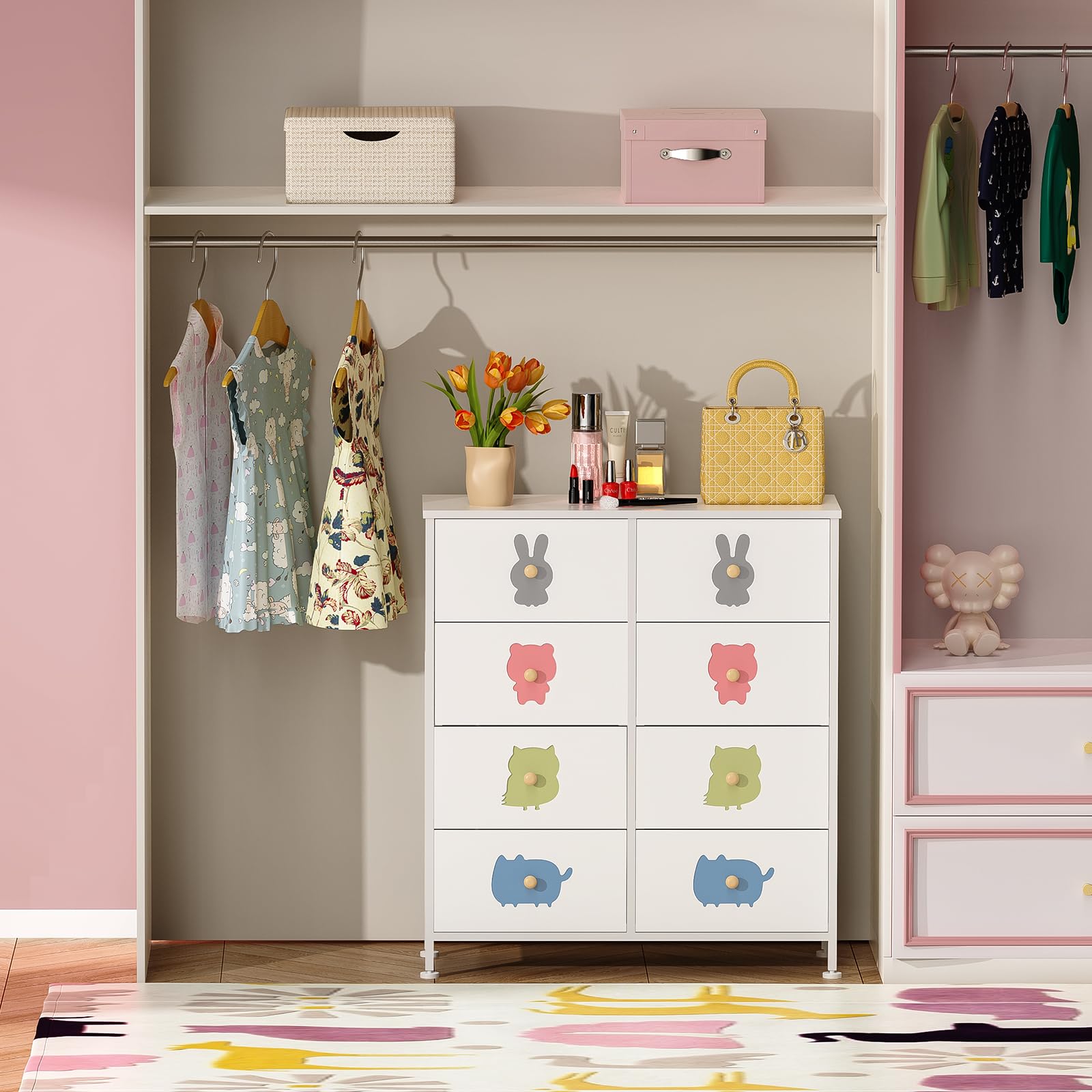 FRAPOW Kids Dresser with 8 Fabric Drawers - Wood Top & Metal Frame Storage Organizer for Baby Girls & Toddlers - Perfect for Nursery, Bedroom, Closet & Apartment Organization - Ideal for Storing Clothes, Toys & Baby Essentials