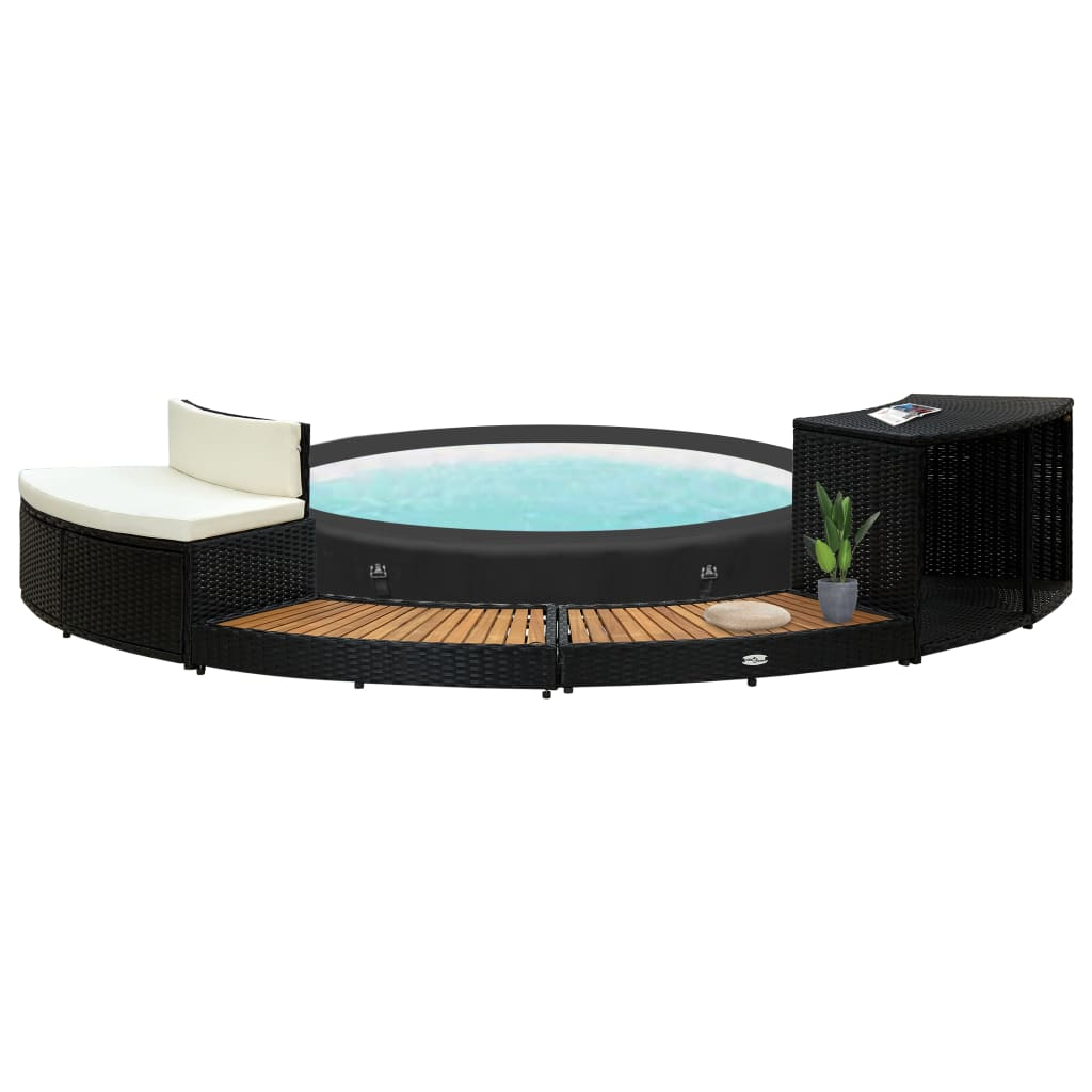 Premium Black Poly Rattan Spa Surround with Solid Acacia Wood Frame | Outdoor Hot Tub Enclosure for Patio, Garden & Backyard Relaxation