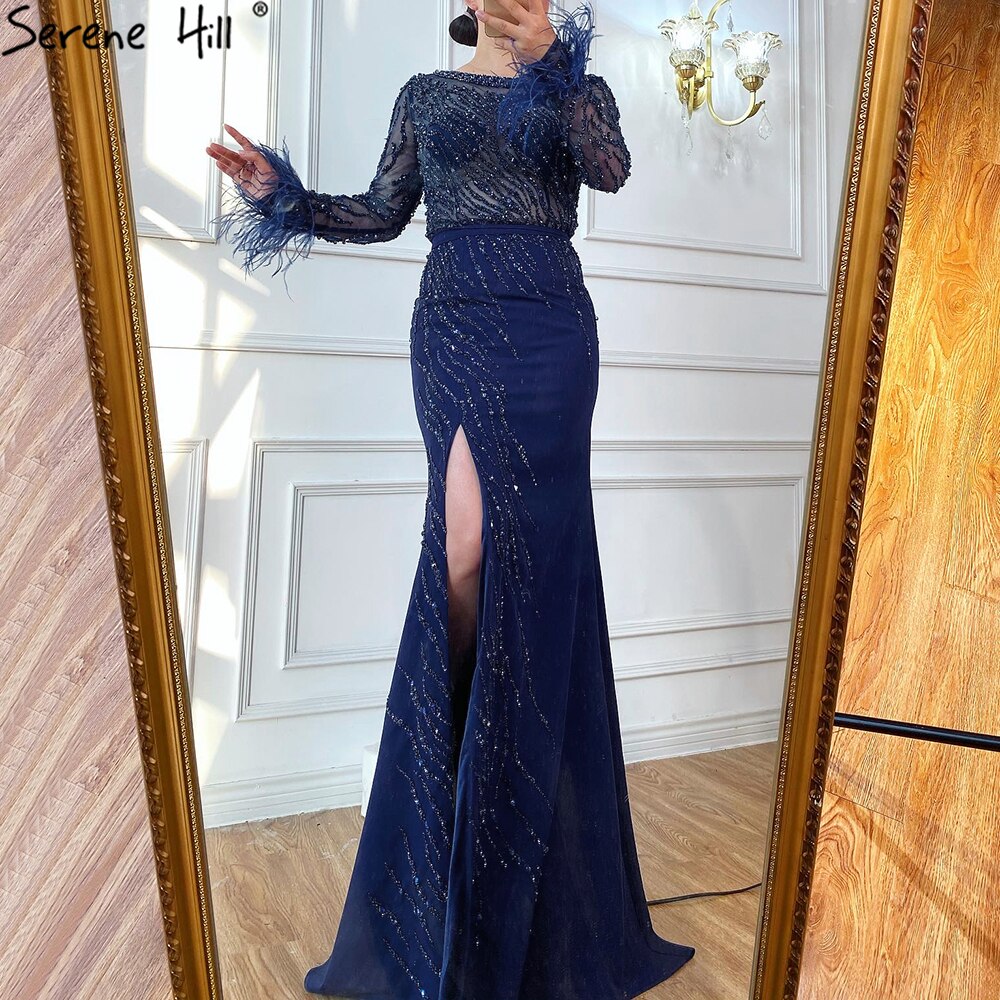 Luxury Navy Blue Muslim Evening Gowns for Women 2025 - Elegant Mermaid Beaded Feather Dress for Parties, Weddings & Special Occasions - Serene Hill Collection LA70978