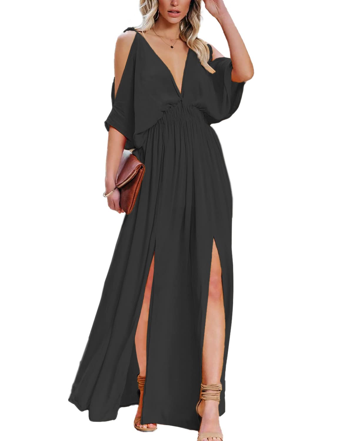 Elegant DEEP SELF Women's Summer V-Neck Cold Shoulder Short Sleeve Maxi Dress with High Waist & Side Slit - Perfect for Wedding Guest, Beach Vacation & Summer Parties
