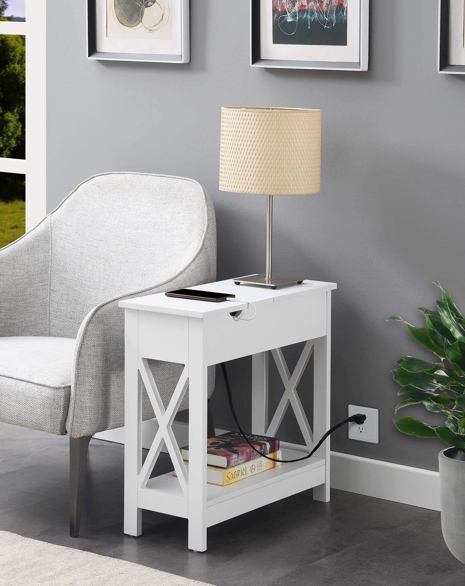 Oxford Flip Top End Table with USB Charging Station & Shelf - White | Modern Side Table for Living Room, Bedroom & Office | Convenience Concepts
