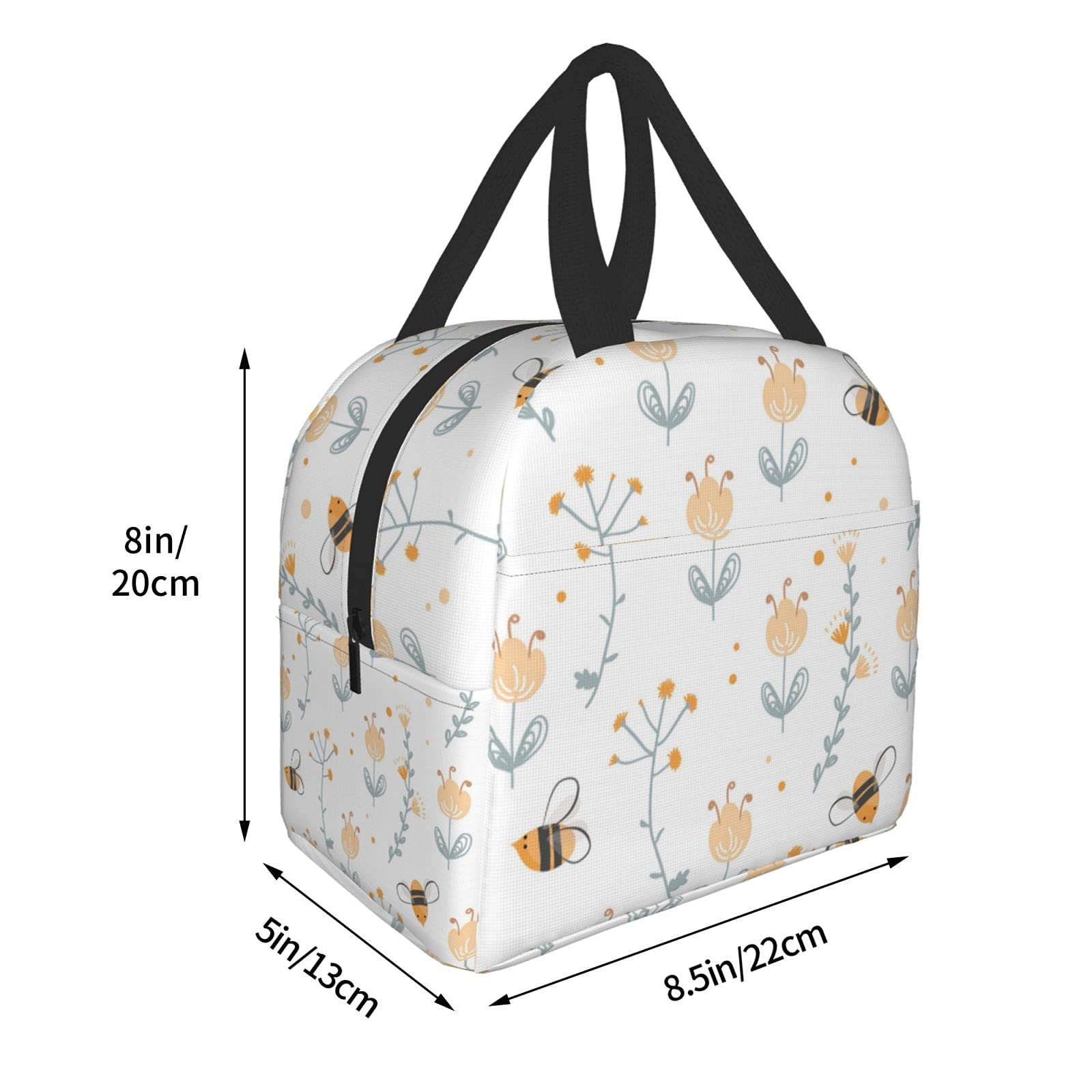 Insulated Reusable Lunch Bag with Front Pocket - Leakproof Cooler Tote for Women & Men - Perfect for Office, Work, Picnic & Outdoor Activities - Cute Bee Design