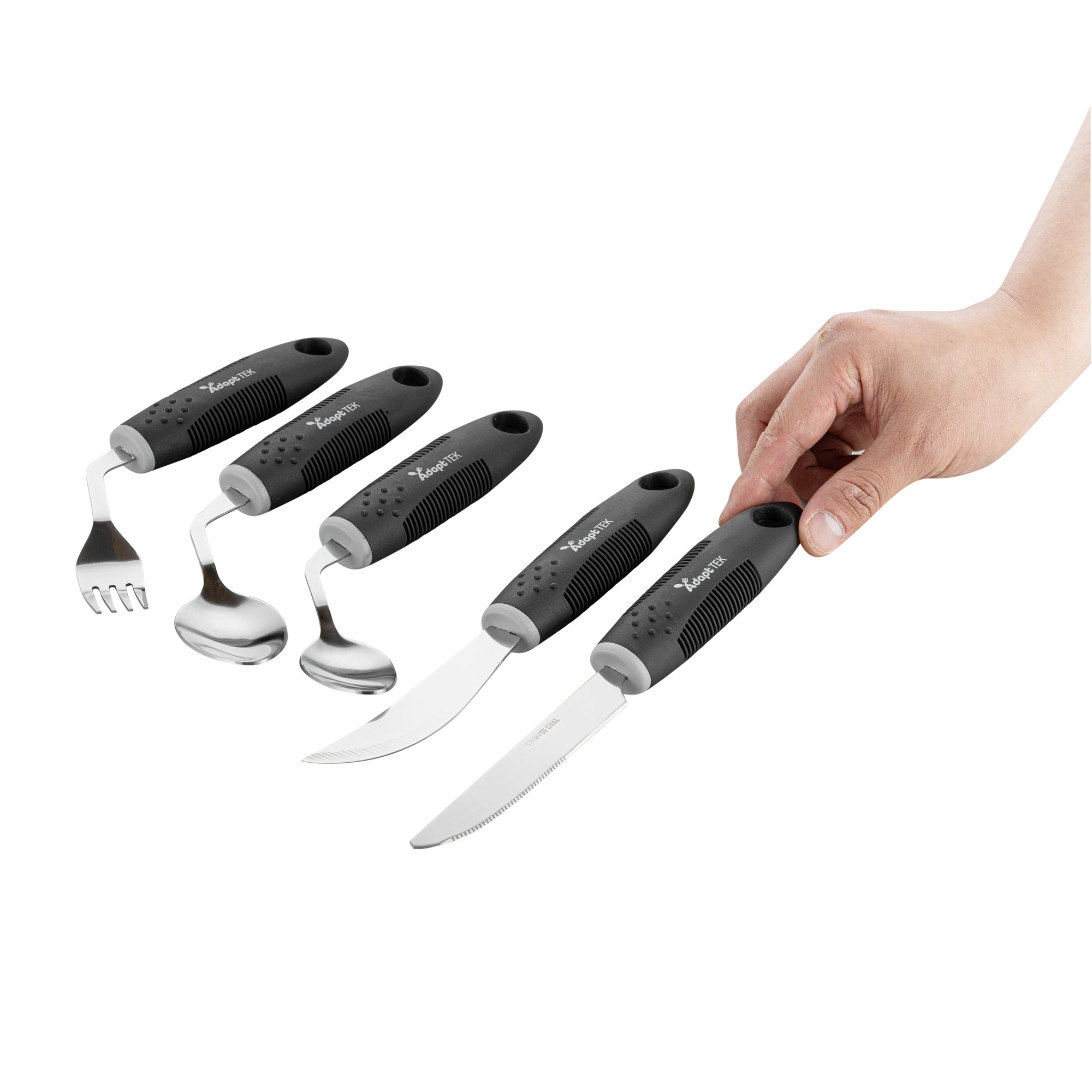 Adapt Tek Black Stainless Steel 5-Piece Adaptive Offset Utensil Set for Right-Handed Users - Lightweight, Non-Slip Grip (1 Count) - Ideal for Arthritis & Limited Mobility in Kitchen