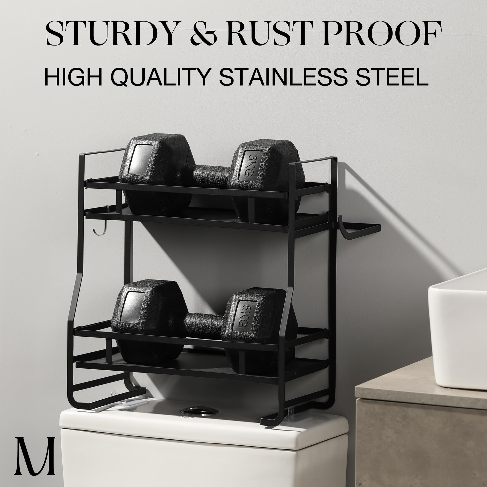 Marmolux Double Over Toilet Storage Shelf - No Screw Assembly Bathroom Organizer with Space Saving Design - Black Marble Finish - Perfect for Small Bathrooms and Apartment Living