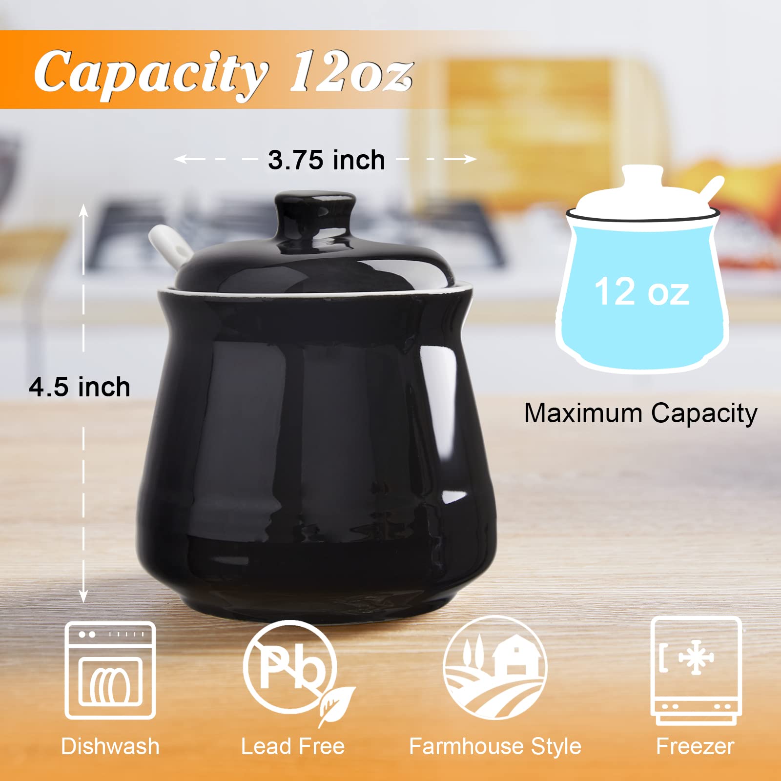 12 oz Ceramic Sugar Bowl with Lid and Spoon - Airtight Sugar Container for Coffee, Tea & Baking - Modern Black Sugar Jar for Kitchen Counter & Coffee Bar Decor