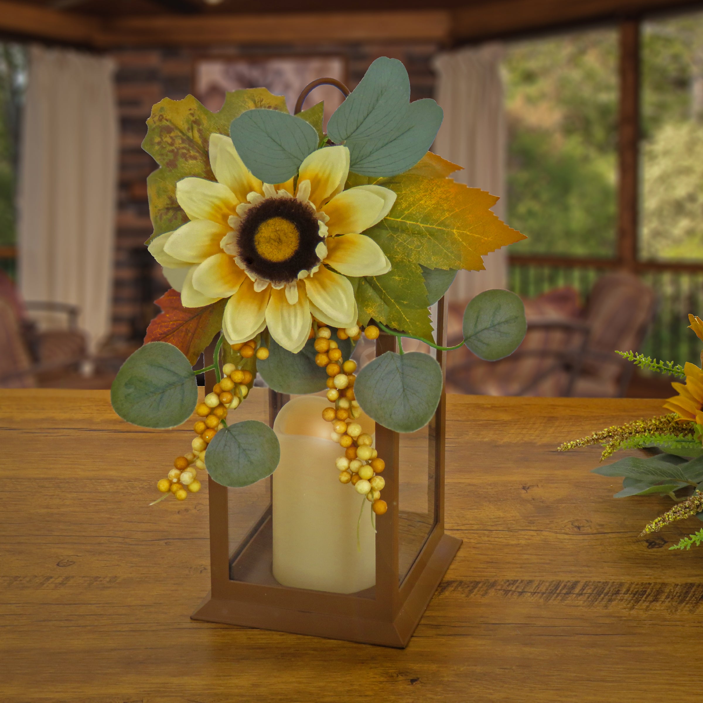 13 Inch Fall Lantern Decor with Sunflower, Maple Leaves & Eucalyptus Berries - Seasonal Home Decor for Thanksgiving, Autumn Table Centerpiece, Porch & Mantel Decorations