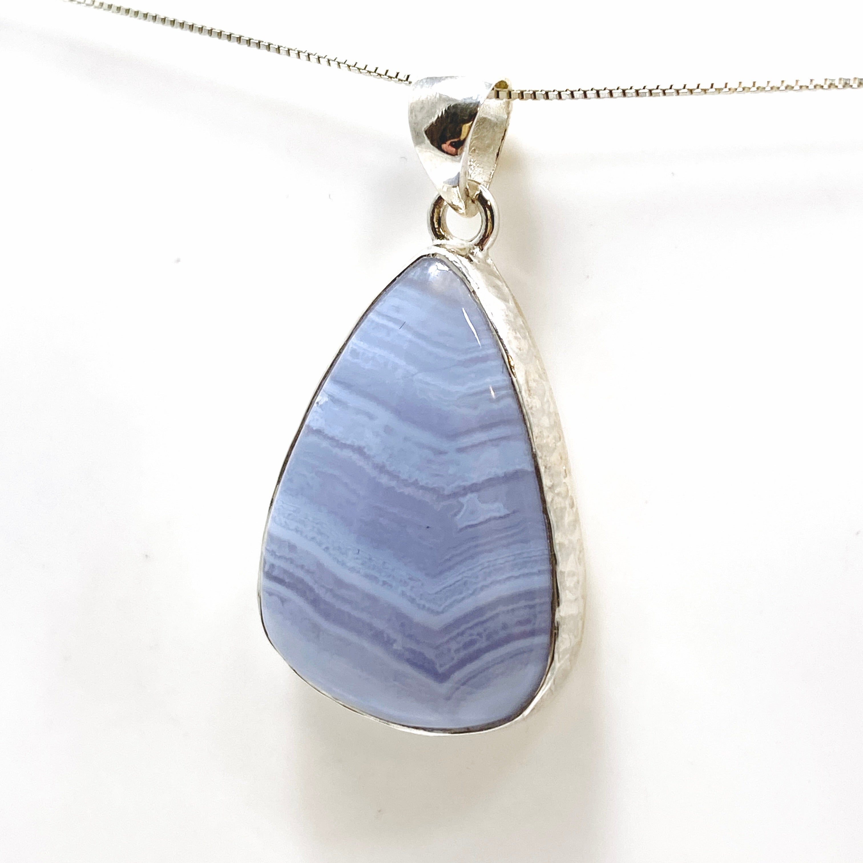 Blue Lace Agate Teardrop Cabochon Pendant in Hammered Sterling Silver Setting KPGJ4830 - Elegant Jewelry for Women, Perfect for Weddings & Special Occasions