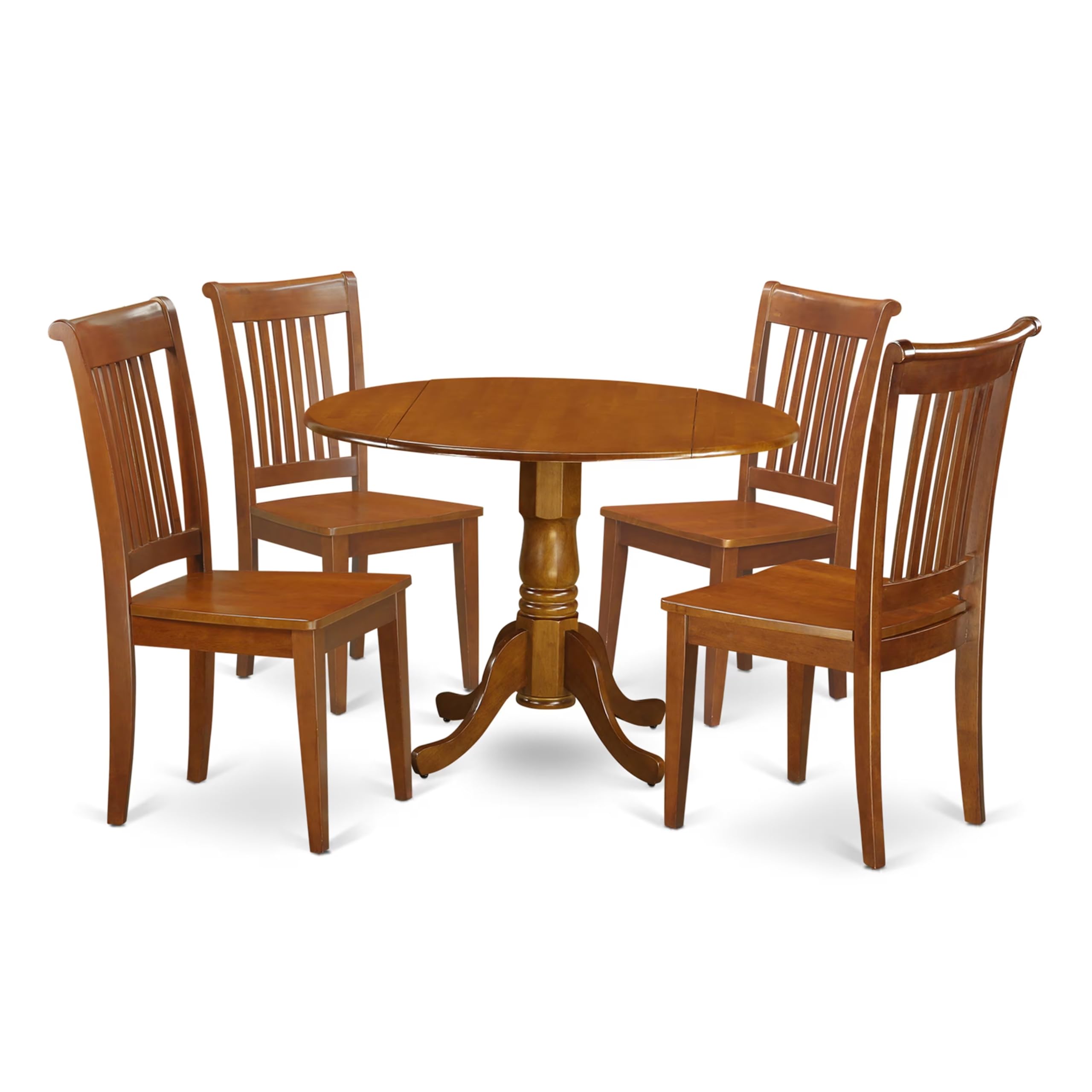 East West Furniture DLPO5-SBR-W 5-Piece Round Kitchen Dining Set with Drop-Leaf Table & 4 Chairs, 42x42 Inch, Saddle Brown - Perfect for Small Spaces, Breakfast Nooks & Cozy Family Meals