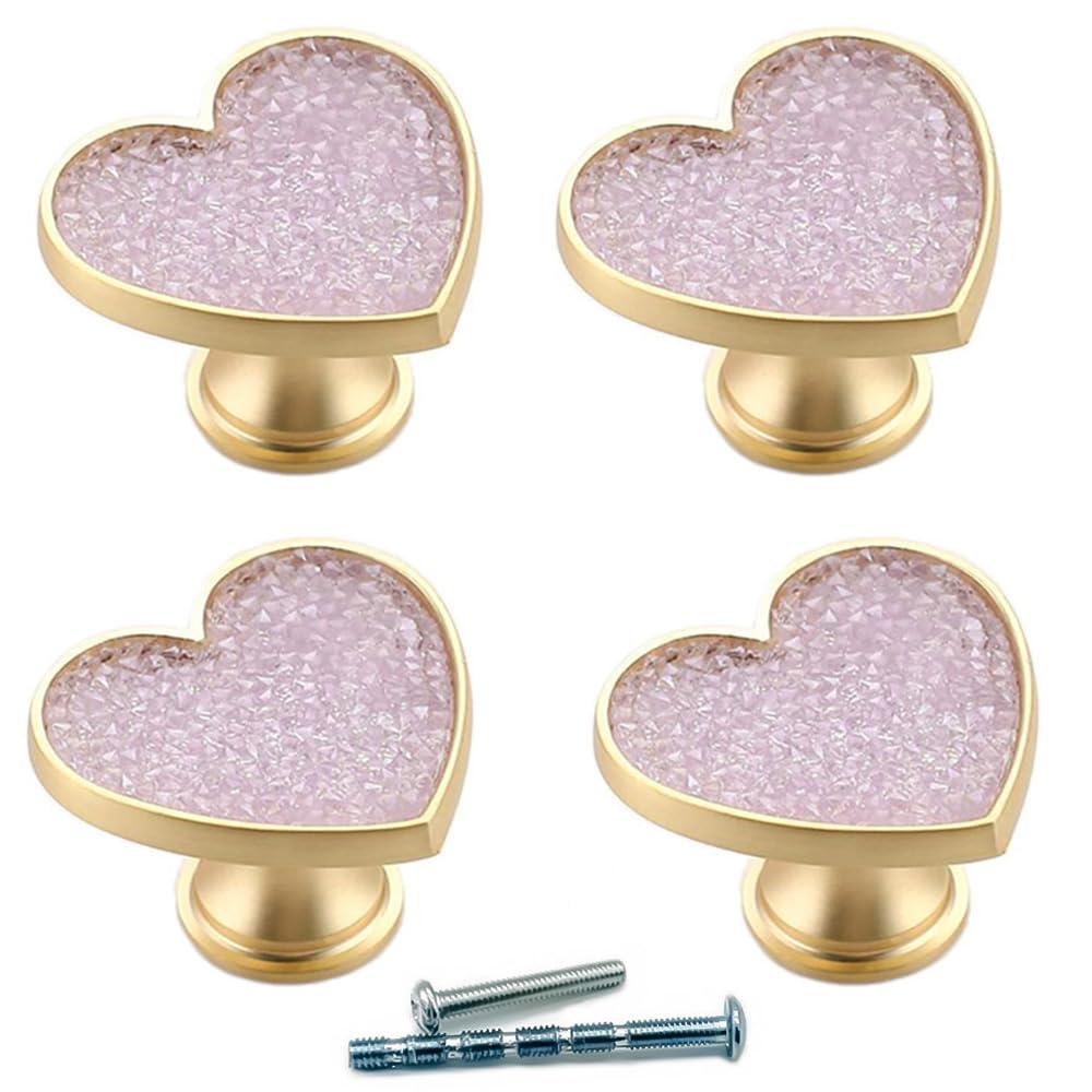4Pcs Purple Crystal Drawer Knobs, Golden Brass Heart Handles for Dresser & Cabinet - Vintage Love Style