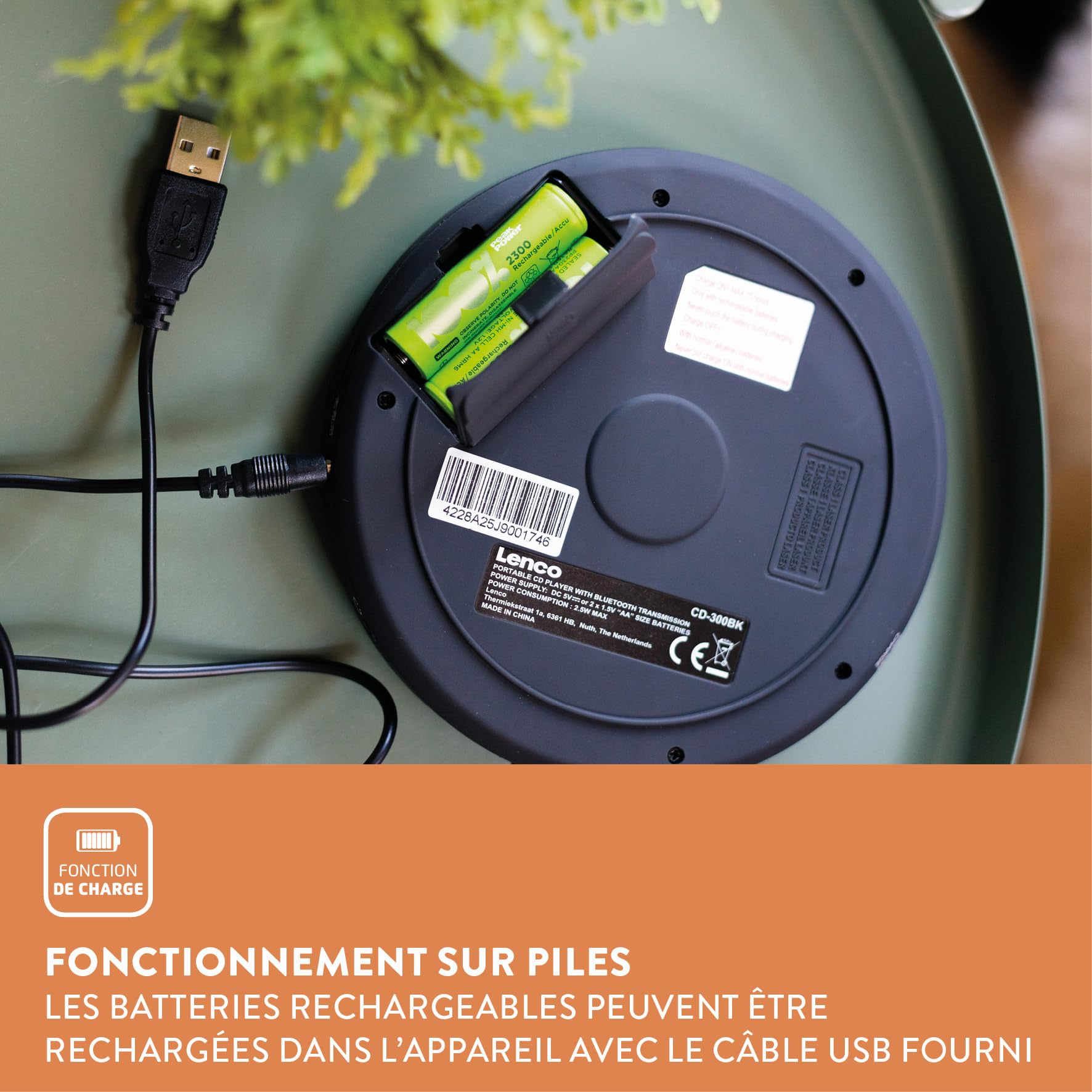 Lenco CD-300 Portable CD Player with Bluetooth & MP3 Playback - Shockproof Design, 2 x 2000mAh Rechargeable Batteries, Includes Headphones & USB Charging Cable (Black) - Perfect for Commuting, Travel & Home Use
