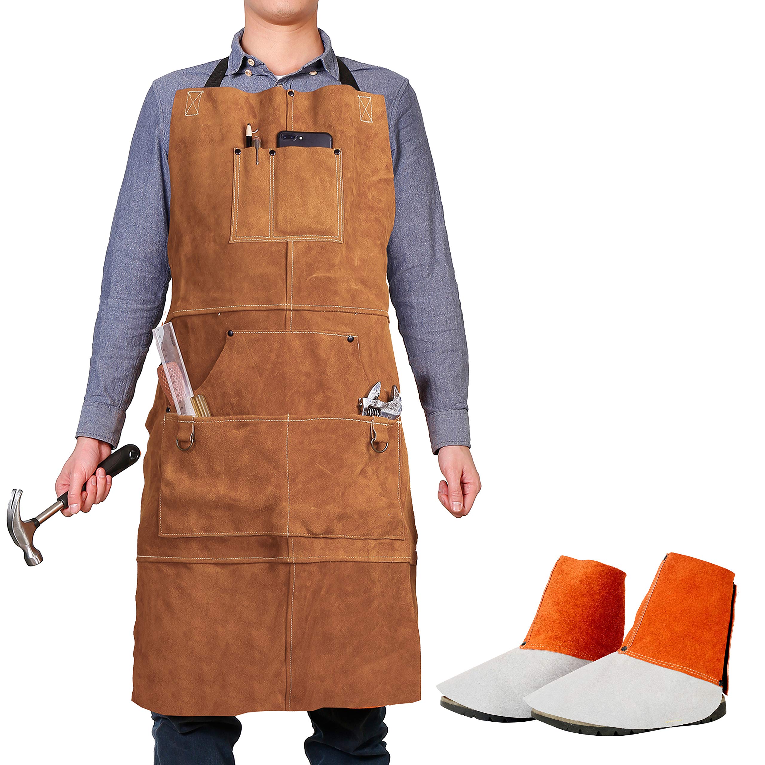 Heavy Duty Leather Welding Apron with Spats - Heat & Flame Resistant Workwear - Adjustable M to XXXL for Men & Women - Perfect for Metalworking, Blacksmithing & DIY Welding Projects