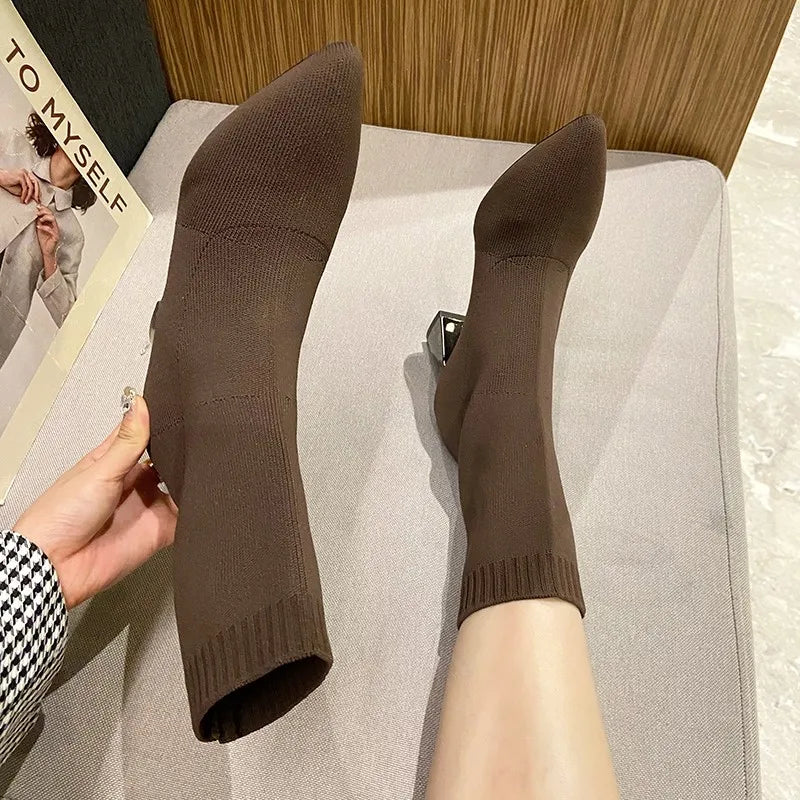 2022 New Women's Autumn Winter Thick High Heel Pointed Toe Mid Calf Elastic Socks Boots - Stylish & Comfortable for Office, Party & Casual Wear