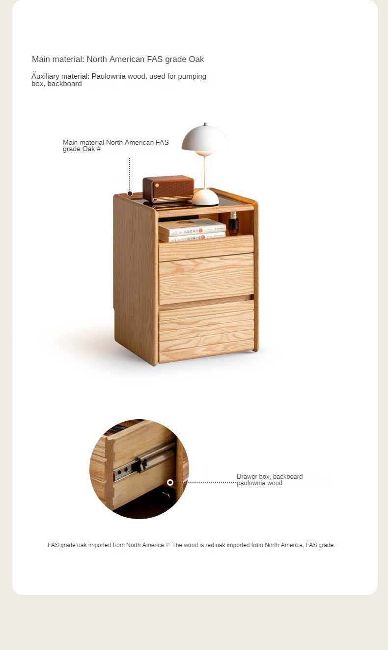 Solid Oak Wood Nightstand with Glass Top - Modern Movable Bedside Table for Bedroom, Living Room, or Office