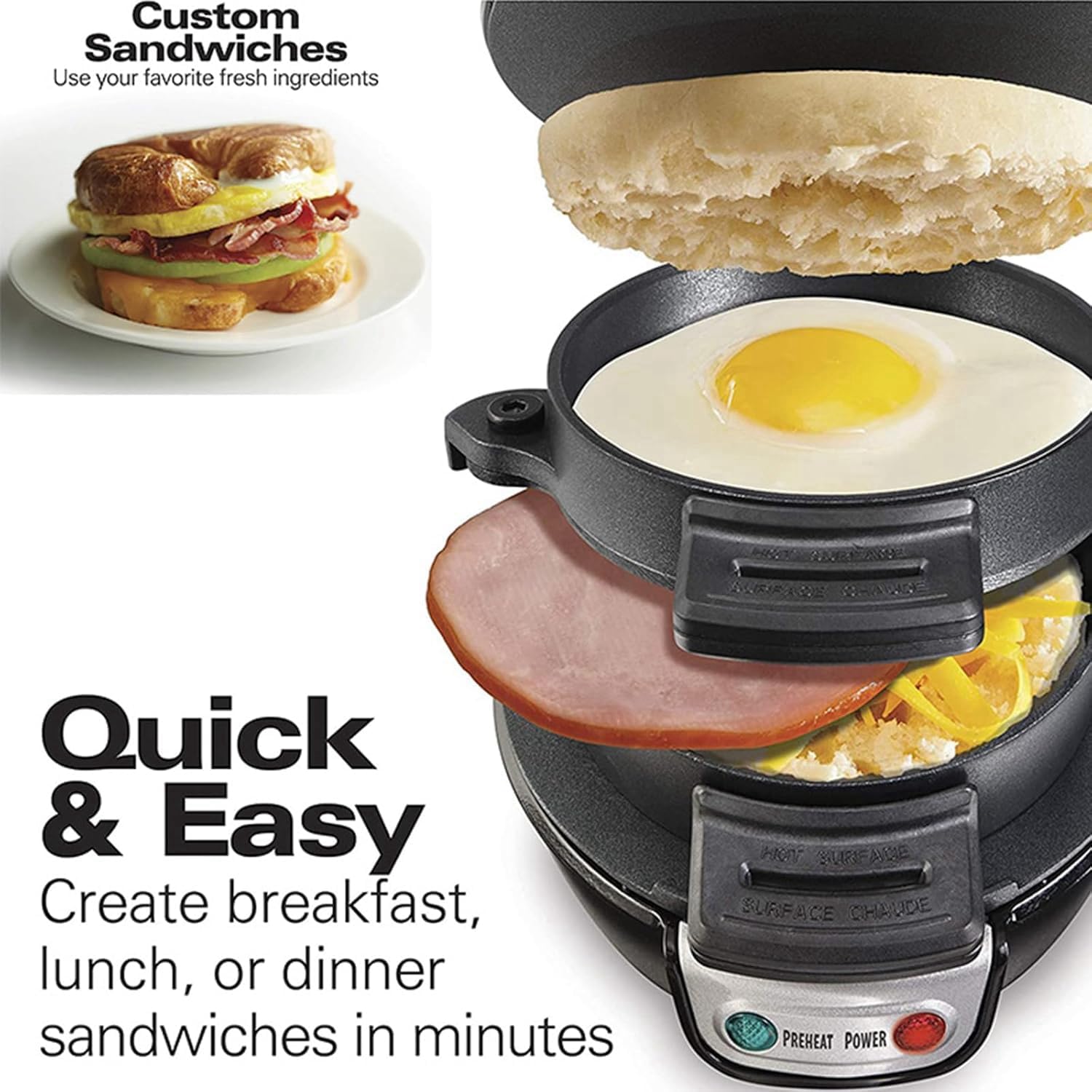 600W Electric Raf Burger Maker & Breakfast Sandwich Press with Egg Cooker Ring - Silver Grey Waffle Maker for Quick Meals, Burgers & Sandwiches - Perfect for Home Kitchen, Camping & Office Snacks