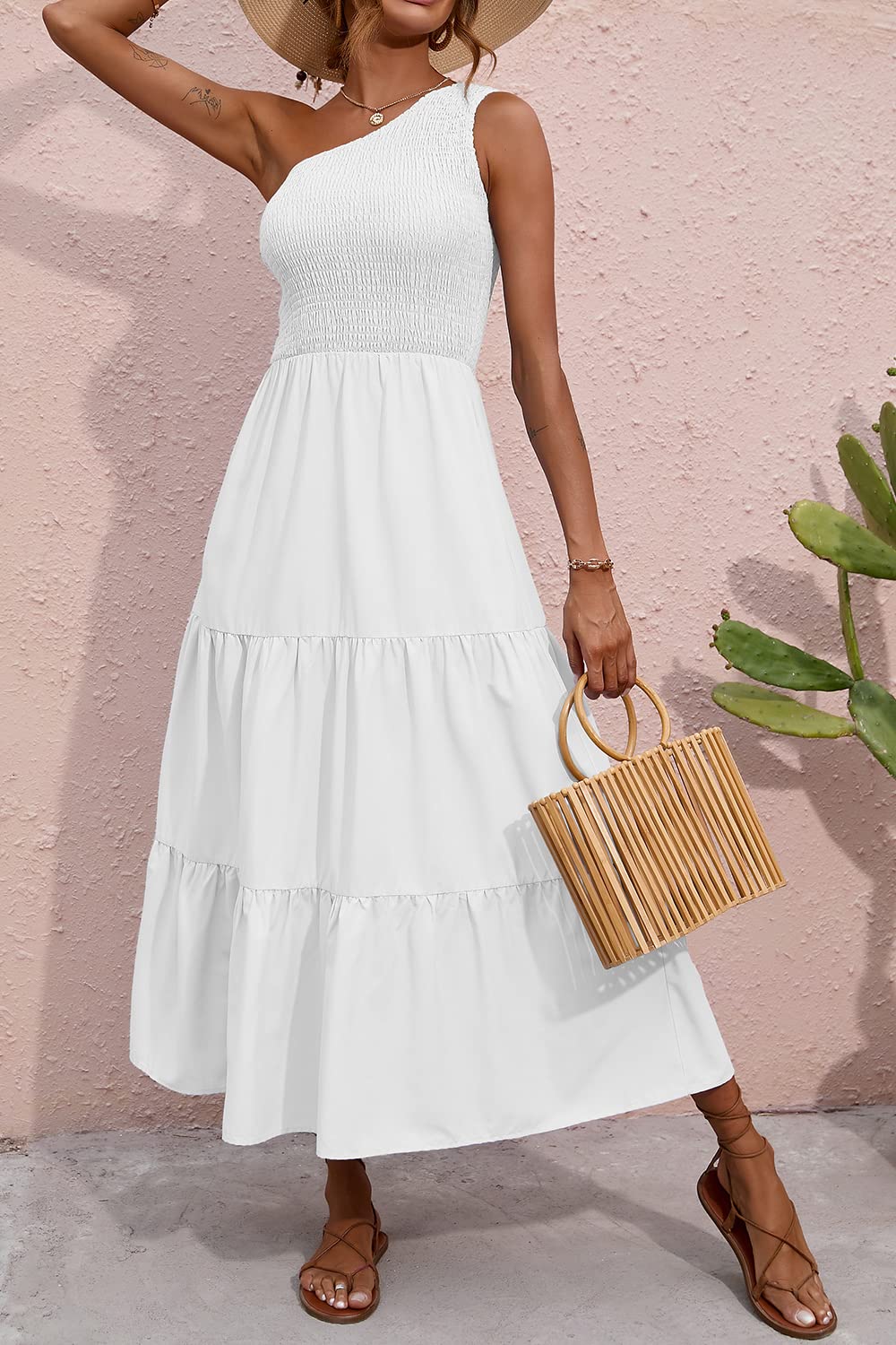 BTFBM Women's 2025 Summer One Shoulder Floral Maxi Dress - Boho Beach Sleeveless High Waist Smocked Flowy Casual Dress for Vacations, Parties & Outdoor Events