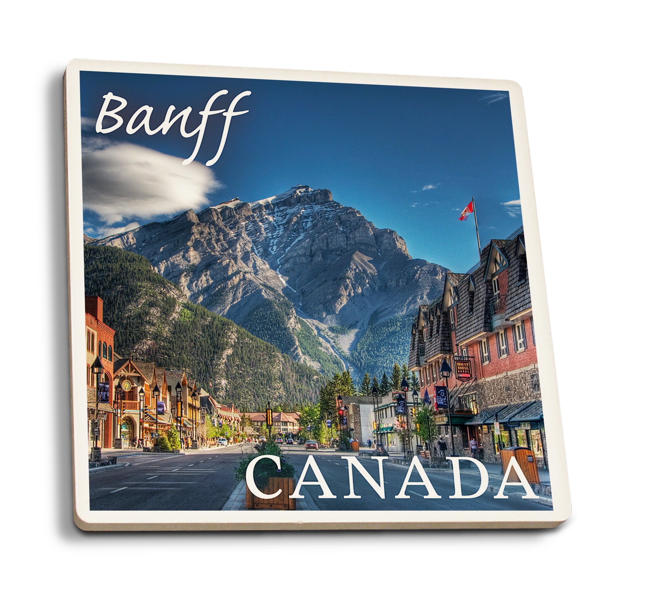 Absorbent Ceramic Coasters Set of 4 - Canada Banff Downtown Scenic Design with Cork Backing - Perfect for Kitchen, Dining Table, and Home Decor