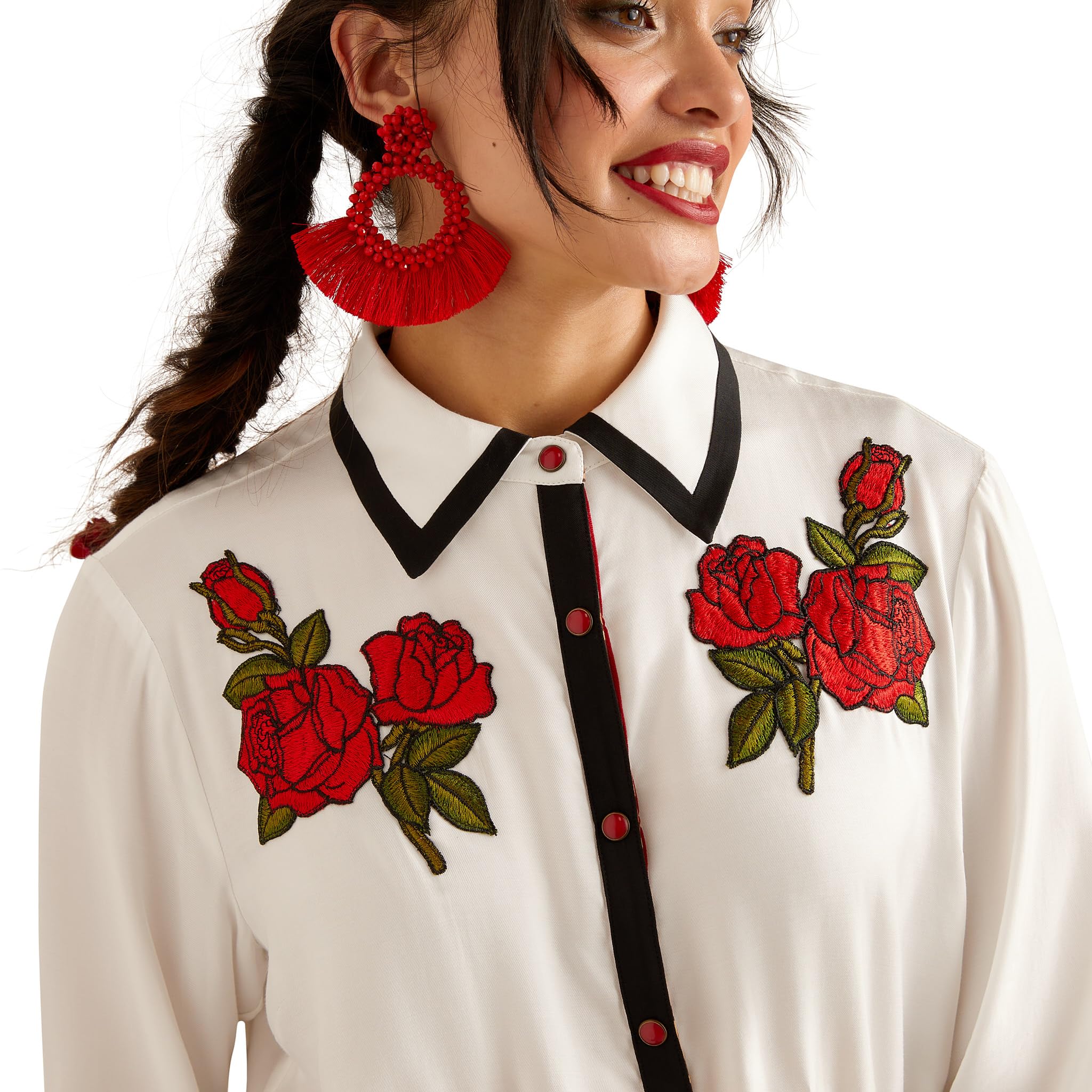 ARIAT Women's Western Rose Rodeo Quincy Long Sleeve Shirt - White - Perfect for Rodeo, Horseback Riding & Country Fashion