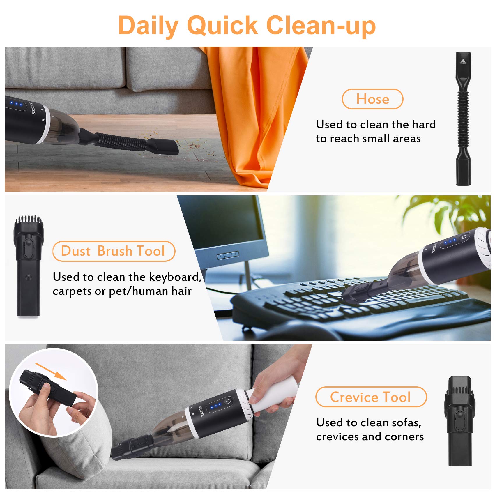 XREXS Cordless Handheld Vacuum Cleaner - 8000Pa Strong Suction, Rechargeable & Portable for Car, Home, Office, Pet Hair Cleaning | Lightweight, Quick Charge | Perfect for Cars, Sofas, Stairs & Pet Areas