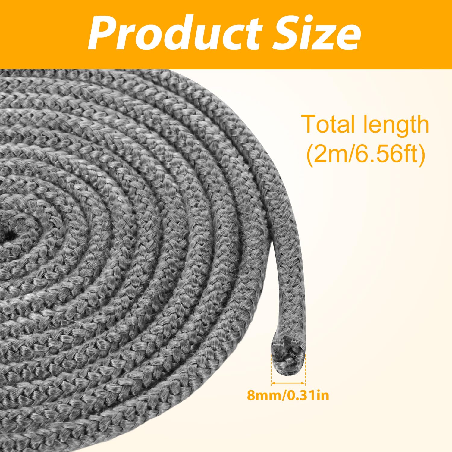 High-Temperature Fireplace Seal Rope - 6.56Ft x 0.31Inch Fiberglass Gasket Replacement for Wood Stove & Fireplace Doors (Gray) - Perfect for Wood Burning Stoves, Fireplace Insulation & Door Sealing