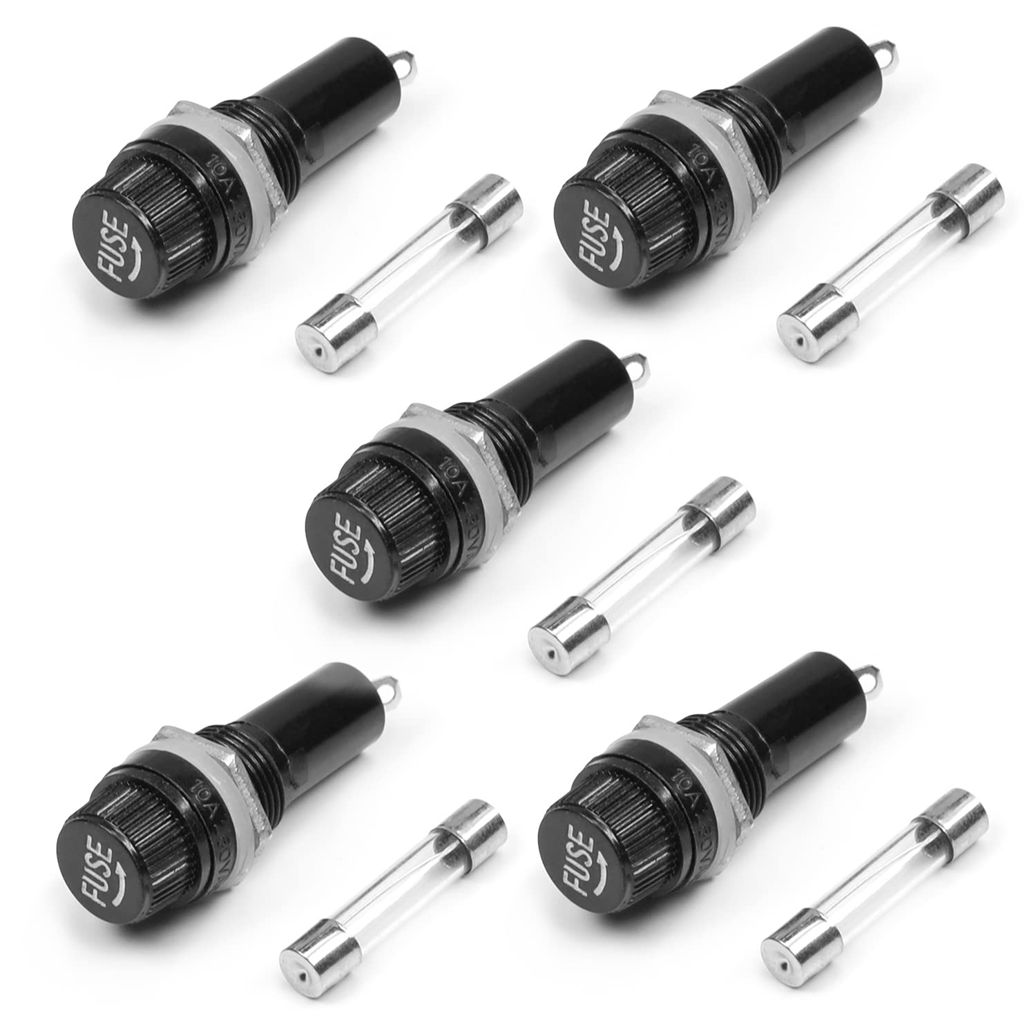 5Pcs 30A 250V 6x30mm Panel Mount Fuse Holder with Glass Fuse - Screw Cap Round Thread Fuse Tube Holder for Automotive, Marine & Electrical Equipment Protection