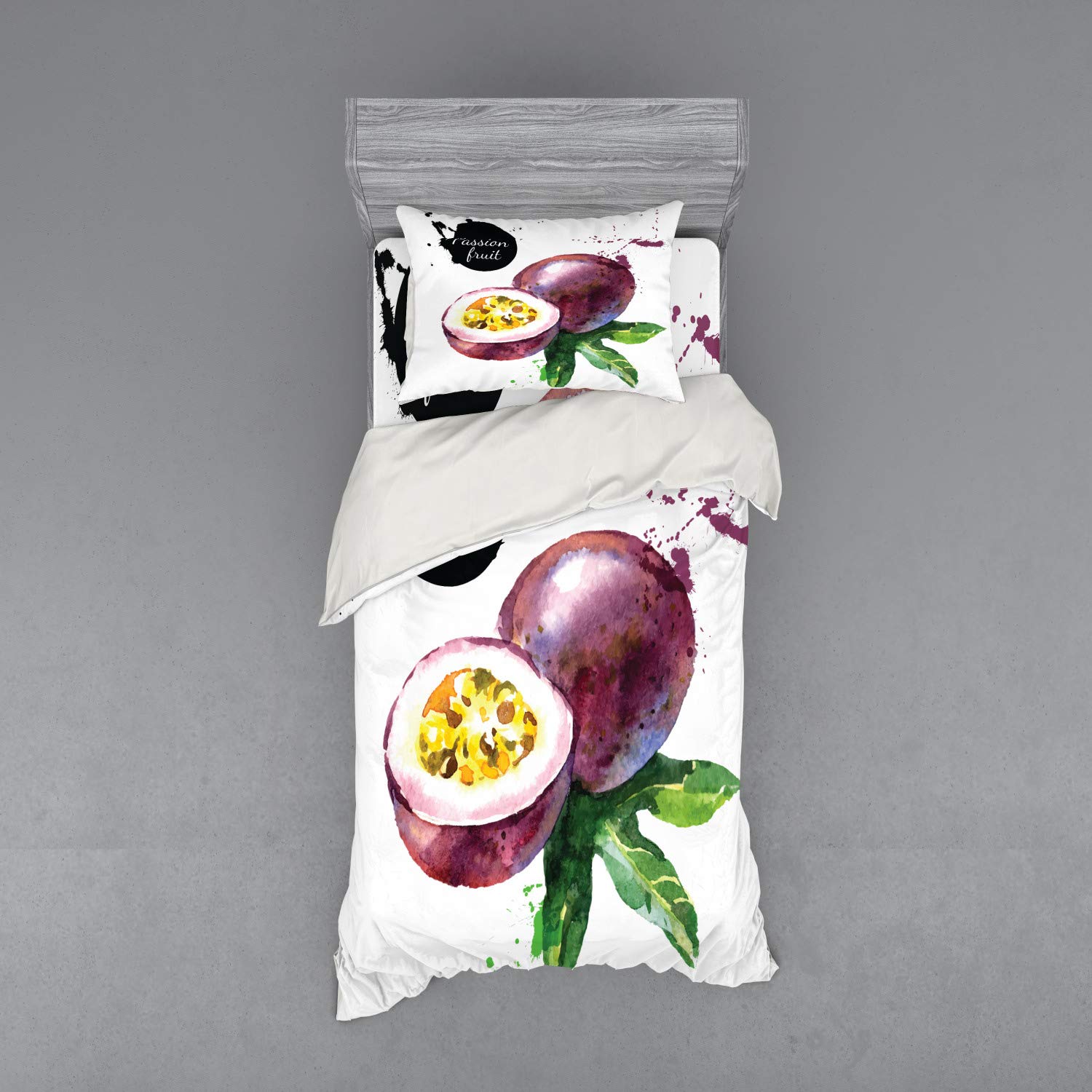Ambesonne Watercolor Passion Fruit Duvet Cover Set - 3 Piece Twin XL Bedding with Sham & Fitted Sheet - Hand Painted Purple, Green & Black Tropical Design - Perfect for Bohemian & Modern Bedrooms