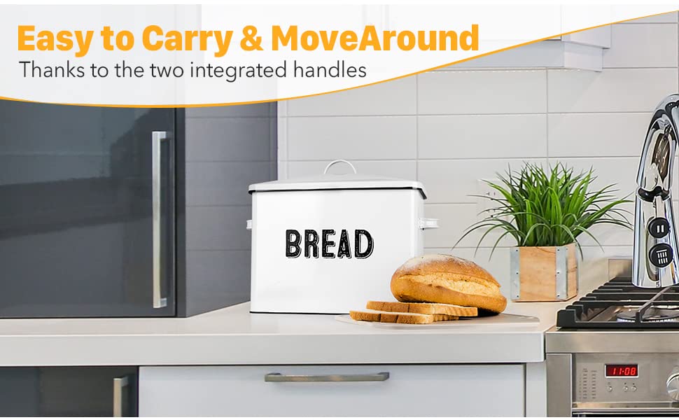 Granrosi Large Farmhouse Bread Box with Metal Lid - White Bread Storage Container for Kitchen Countertop - Perfect for Storing Bread, Baguettes, Rolls & Pastries to Keep Fresh Longer