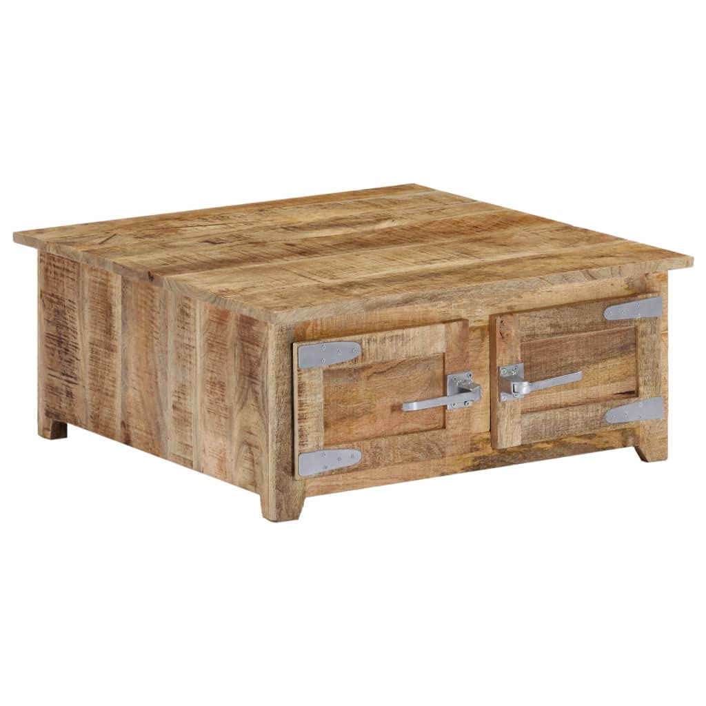 Modern Square Coffee Table with Storage - 2 Door Solid Mango Wood Living Room Furniture (27.5