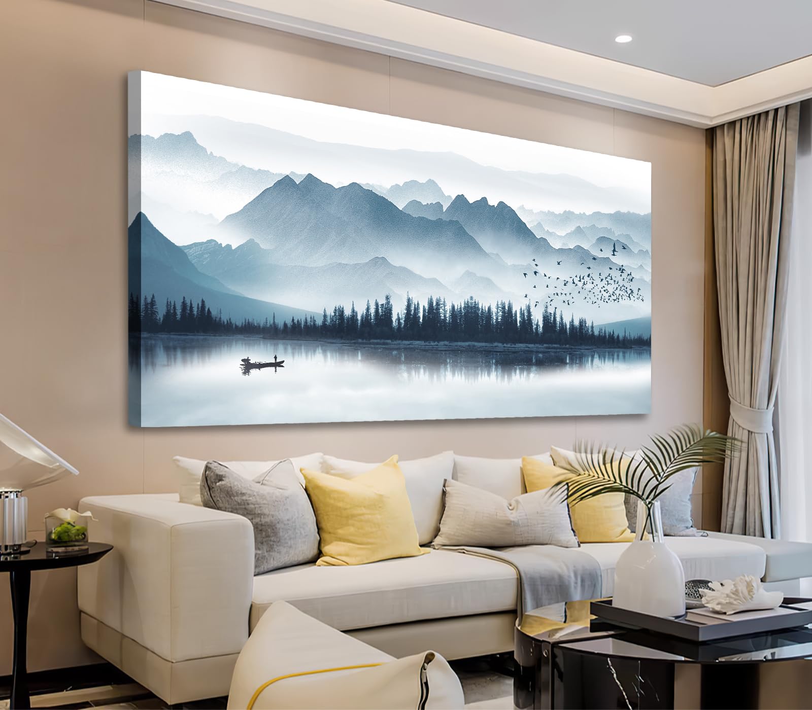 arteWOODS Indigo Misty Mountain Lake Canvas Wall Art - 20x40 Inch Blue Grey Forest Landscape Painting with Birds, Boat & Fog - Modern Nature Scenery for Living Room, Bedroom & Office Decor