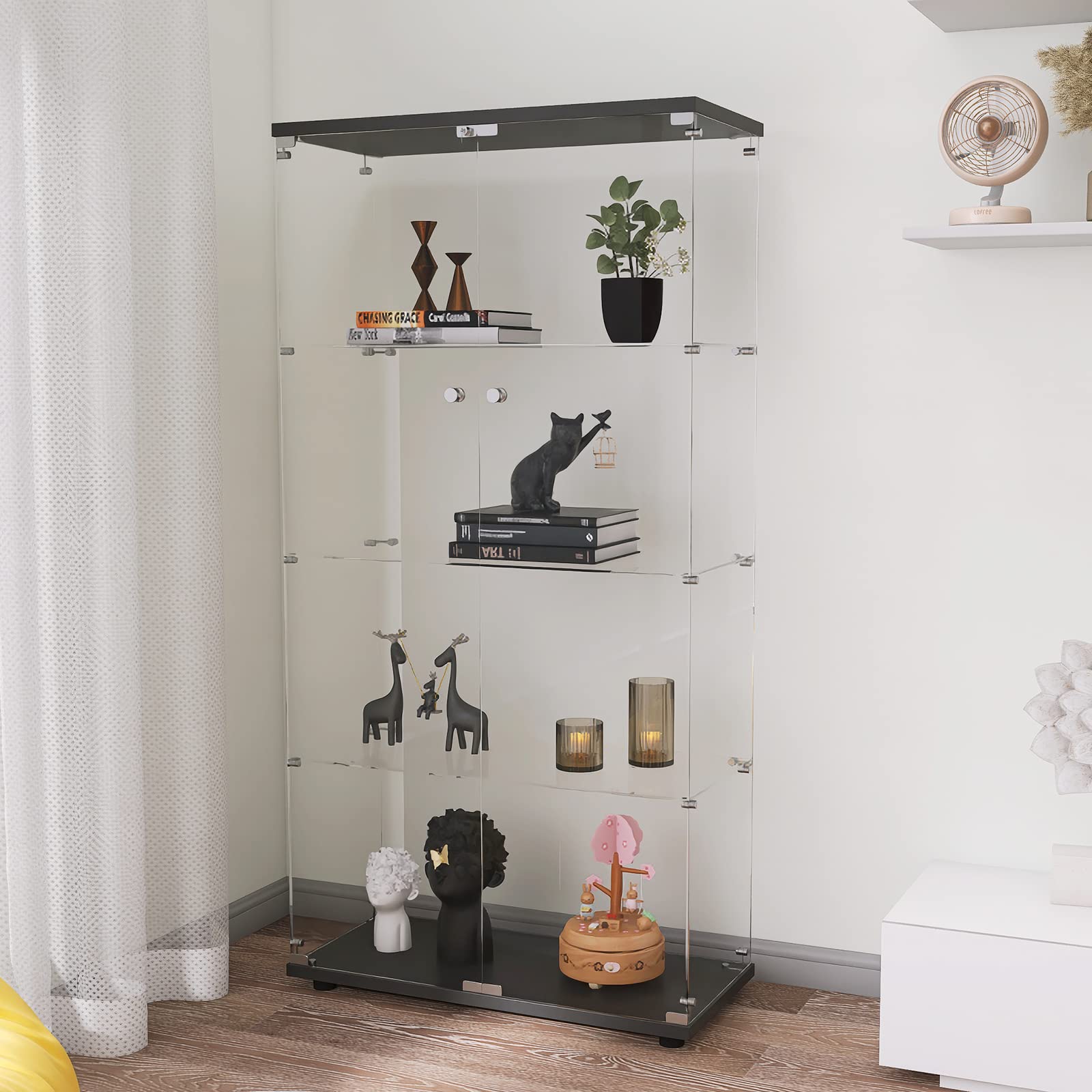 TehRecBT 2-Door Glass Display Cabinet with 4 Tier Shelf - Clear Floor Standing Curio Cabinet for Living Room, Bedroom, Office & Kitchen - Perfect for Showcasing Collections, Books & Decor