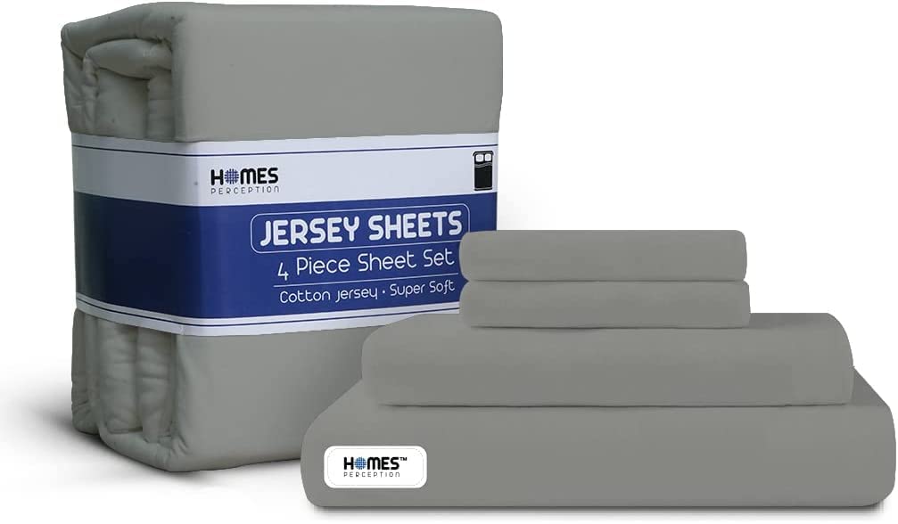 Homesperception 100% Cotton Jersey Knit Sheet Set Queen Size - 4 Piece Soft Breathable Bedding Set with 16