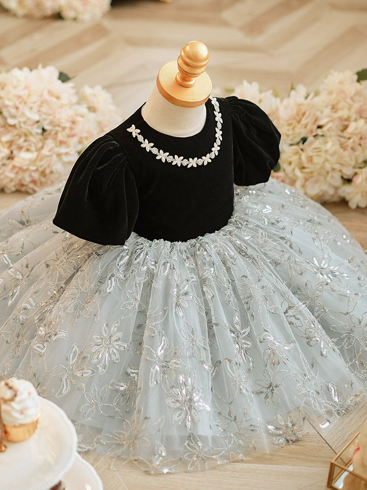Black Princess Round Tea Length Lace Flower Girl Dress for Weddings, Birthday Parties & Special Occasions