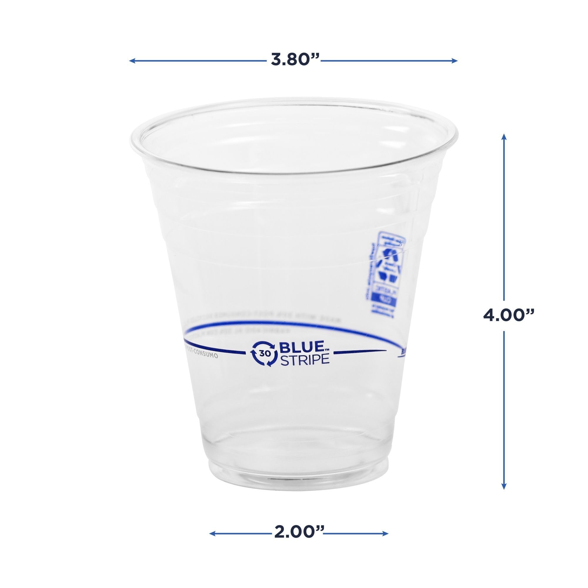 ECO PRODUCTS BlueStripe Recycled 12oz Plastic Cups - 1000 Count Case | 30% Post-Consumer Recycled PET (rPET) | Clear Cold Drink & Snack Cups | Perfect for Parties, Picnics, Offices & Restaurants