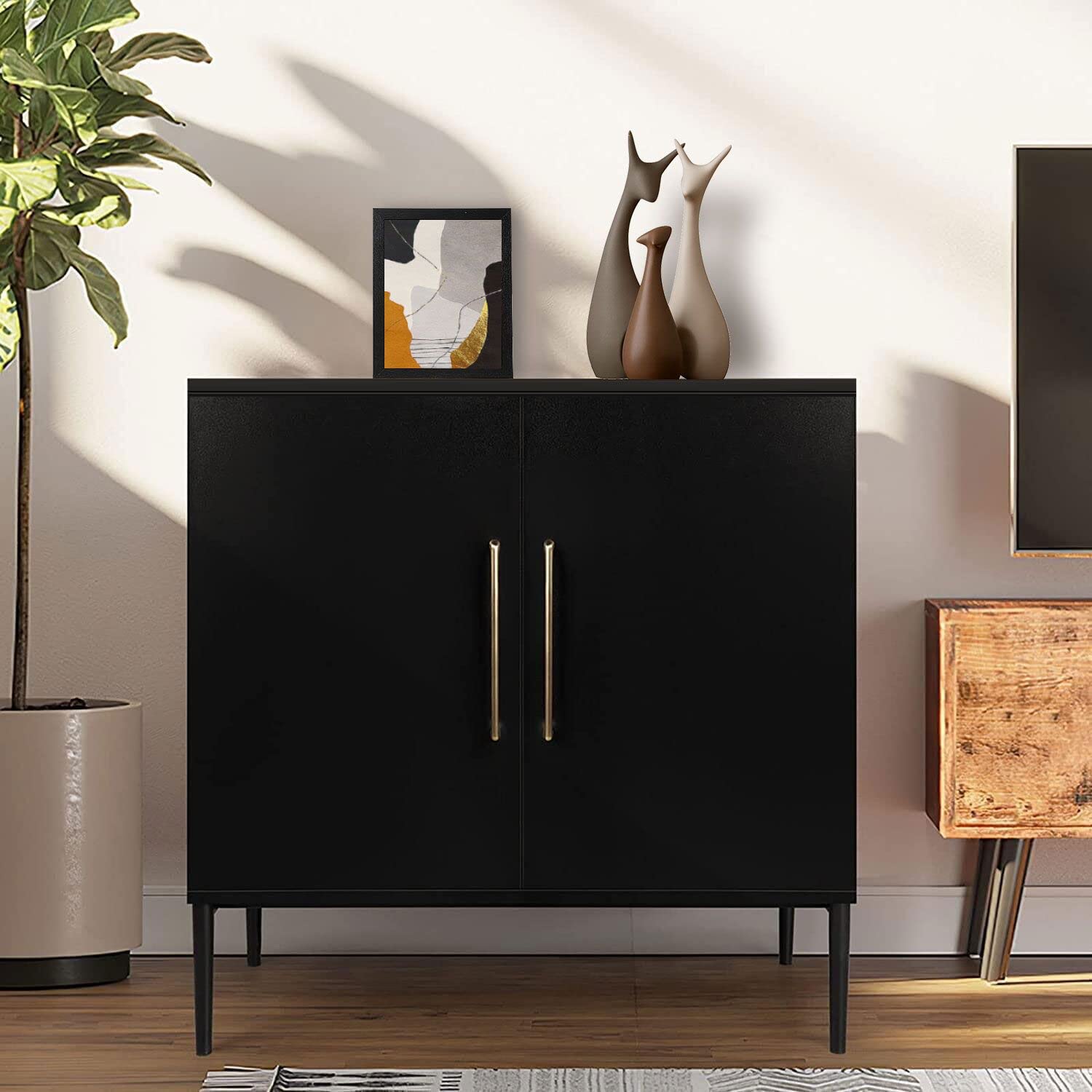 REHOOPEX Black Storage Cabinet - Modern Wooden Sideboard with Doors, Freestanding Accent Cabinet for Bedroom, Living Room, Kitchen, Office & Hallway | Organize Clothes, Books & Home Decor in Style (2022 New)