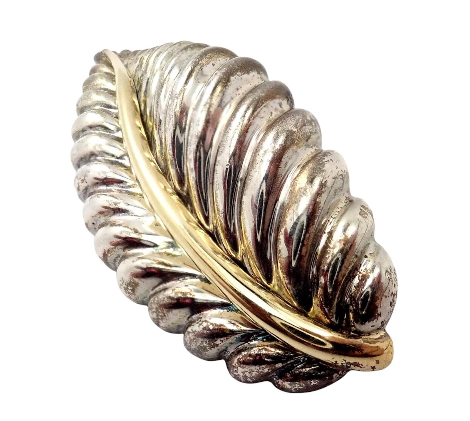 Authentic Tiffany & Co 18k Yellow Gold Silver Leaf Pin Brooch 2003 - Vintage Jewelry for Women, Perfect for Weddings, Parties & Special Occasions
