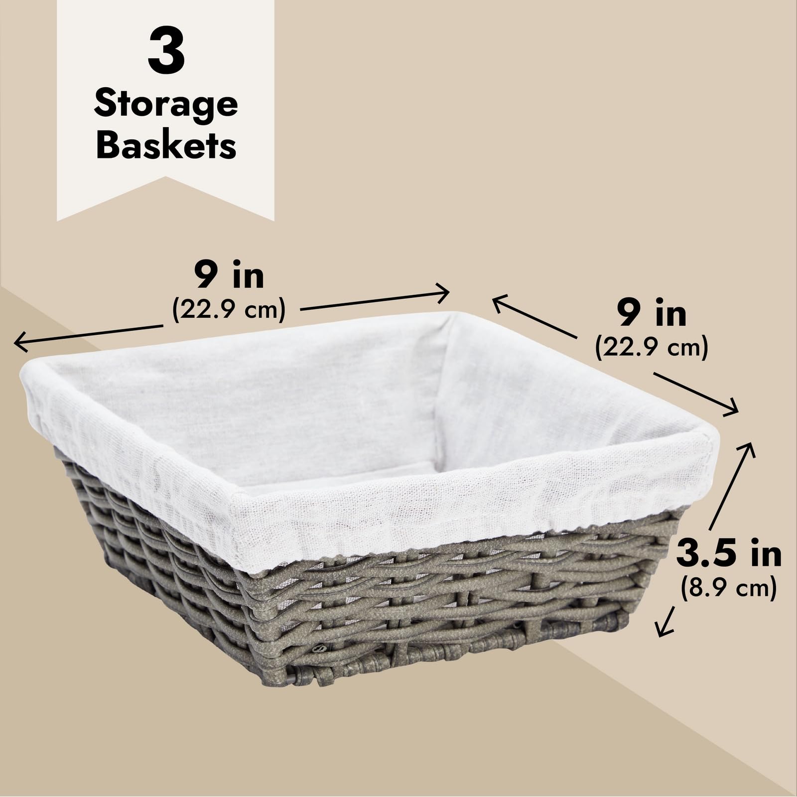 Farmlyn Creek 3-Pack 9 Inch Square Wicker Storage Baskets with Liners - Small Woven Bins for Organizing Kitchen, Closet, Bathroom & Laundry - Perfect for Home Organization, Shelving & Storage Solutions