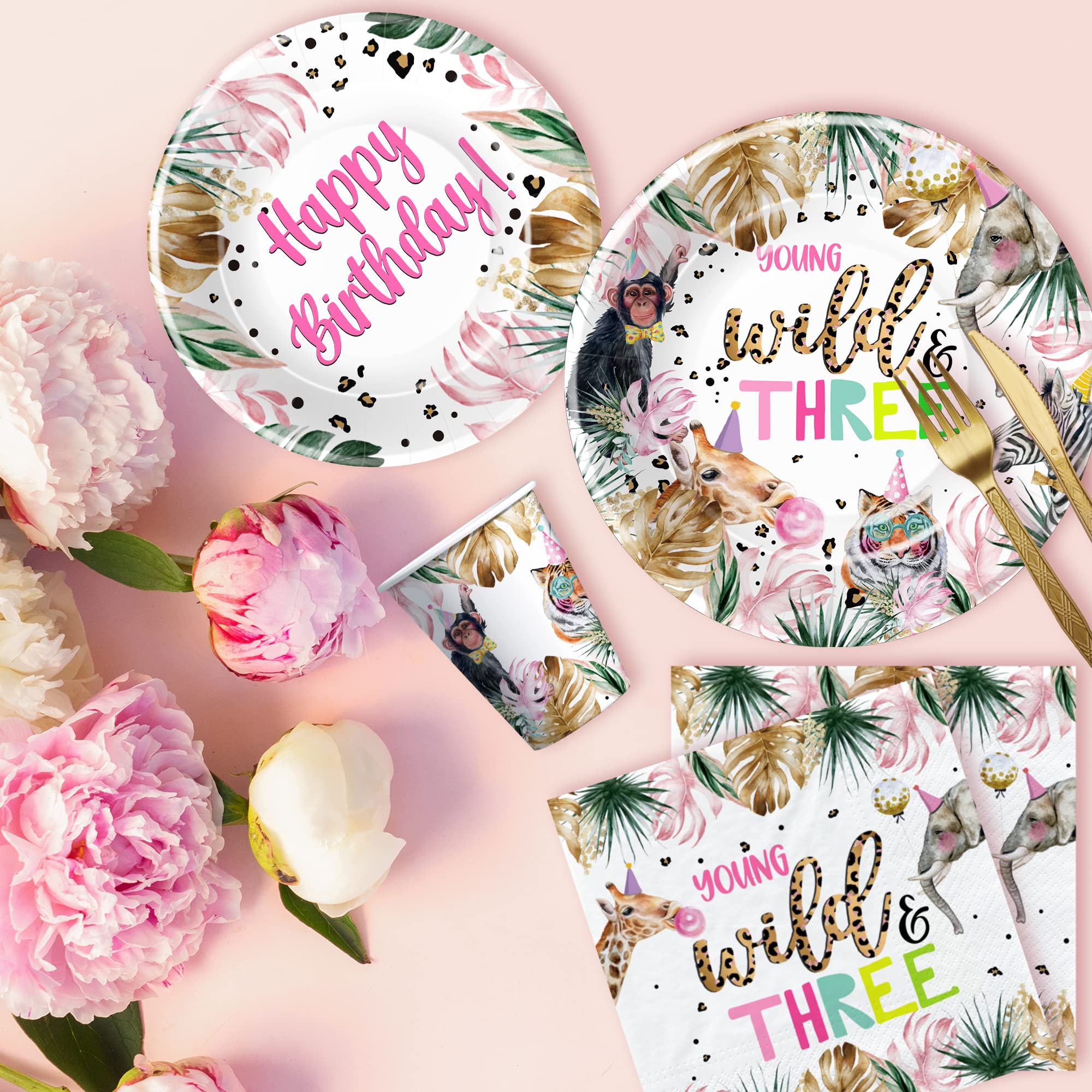 Wild Safari 3rd Birthday Party Supplies Set - 24-Piece Dinnerware Kit with Plates, Cups, Napkins, Tablecloth, Cutlery & Straws for Jungle Animal Themed Decorations | Perfect for Kids' Birthday Parties, Baby Showers & Themed Events