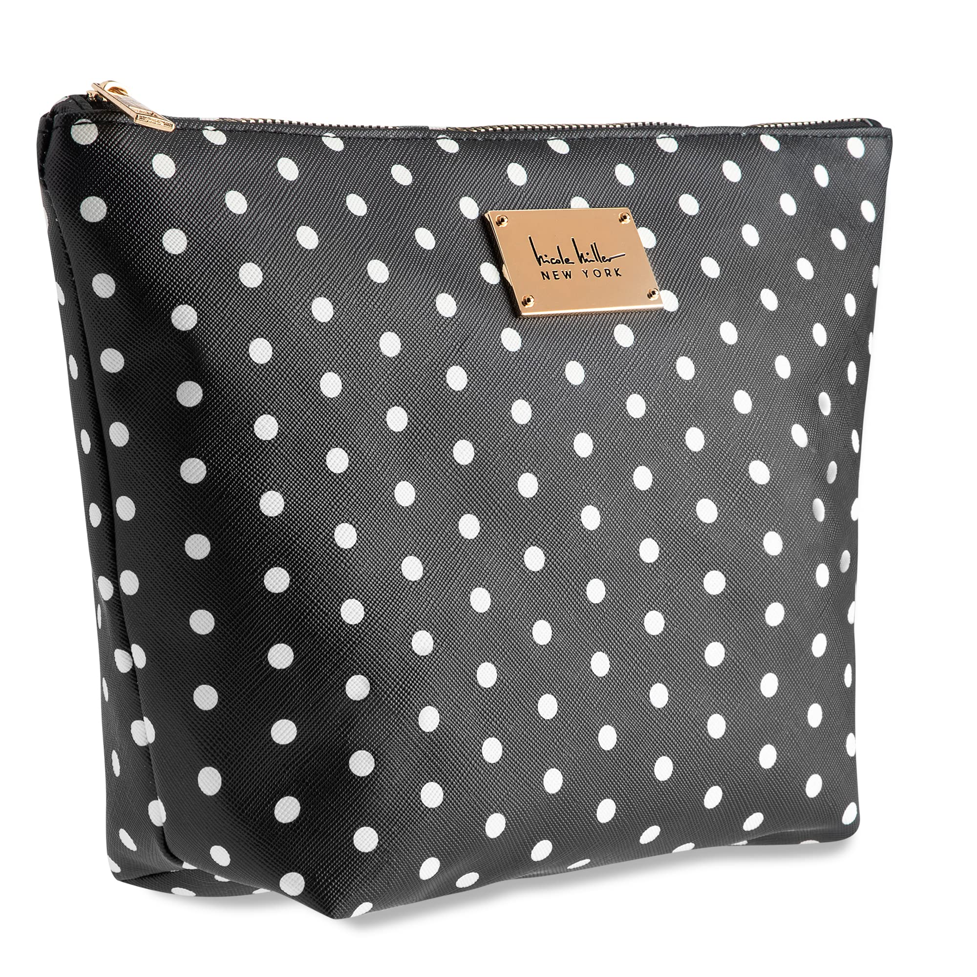 Nicole Miller Black & White Dot Cosmetic Bag for Women - Medium Zippered Makeup Pouch, Travel Toiletry Organizer, Purse Size Makeup Holder for Girls | Perfect for Travel, Gym & Daily Essentials Storage