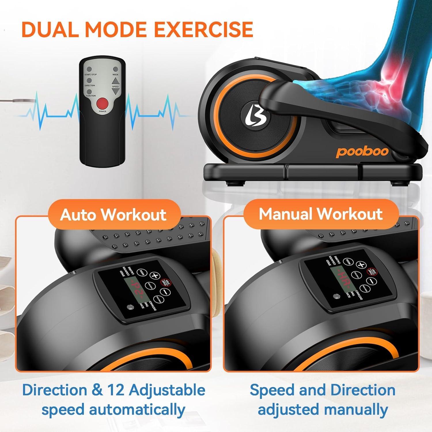 Pooboo Under Desk Elliptical Machine - Quiet Mini Exercise Bike for Seniors & Office Workers with Remote Control & LCD Display - Home & Office Workout Equipment for Low-Impact Cardio Training