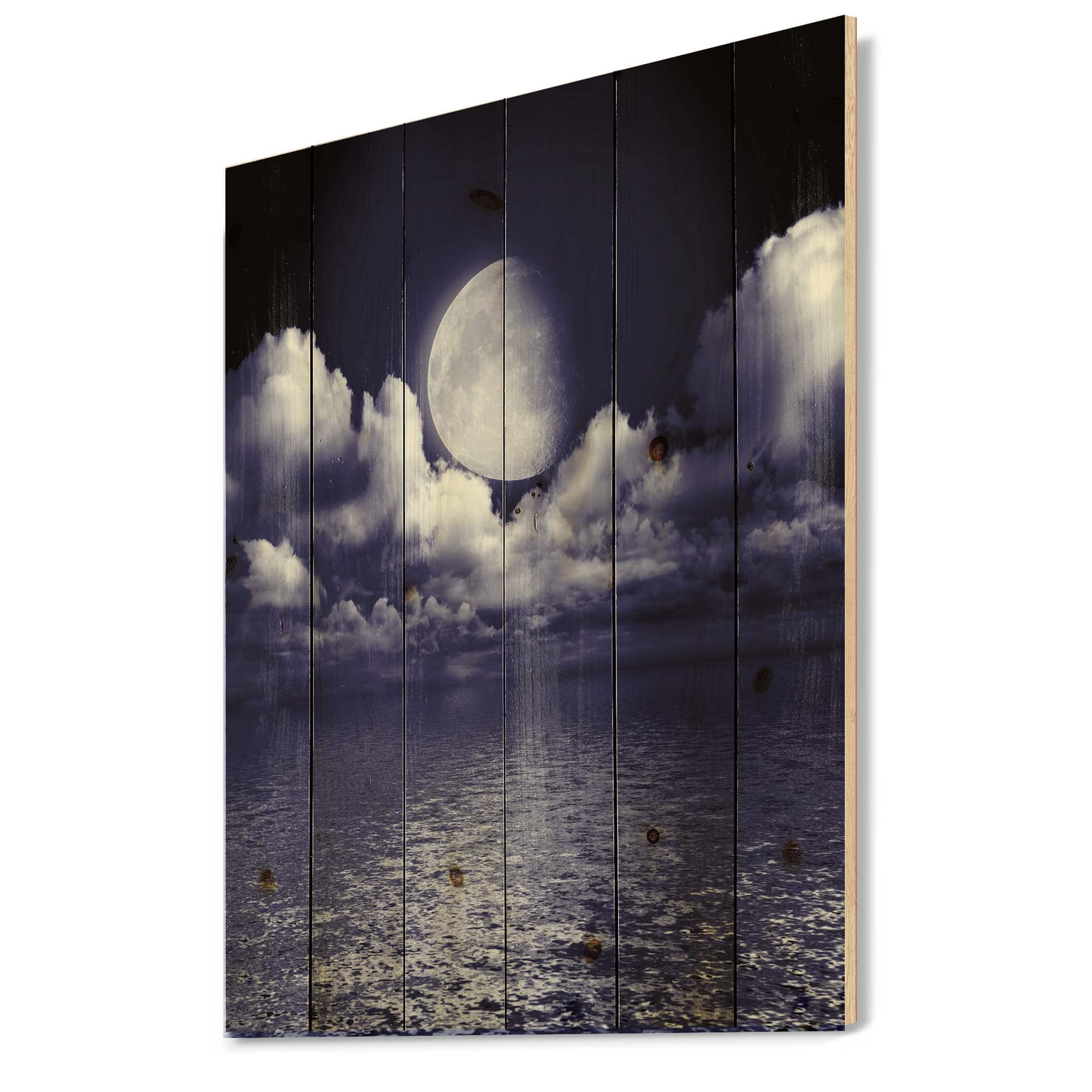 Full Moon Cloudy Night Sky Wood Wall Art - Coastal Decor for Living Room